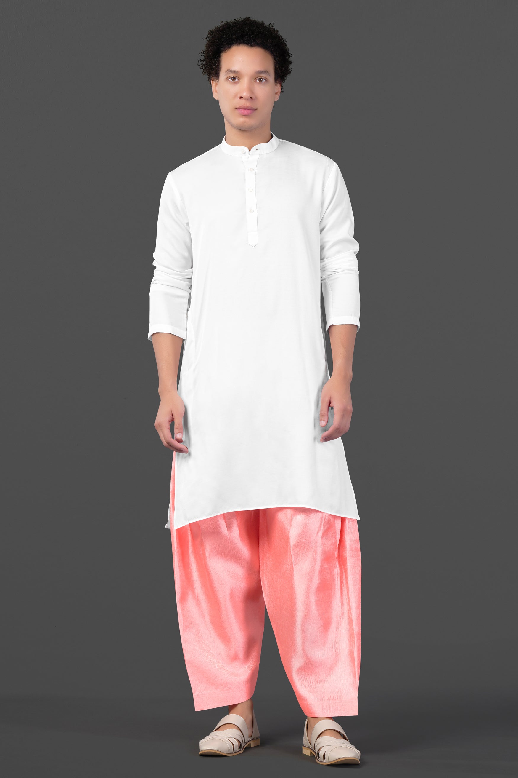 Bright White and Peachy Viscose Kurta Set