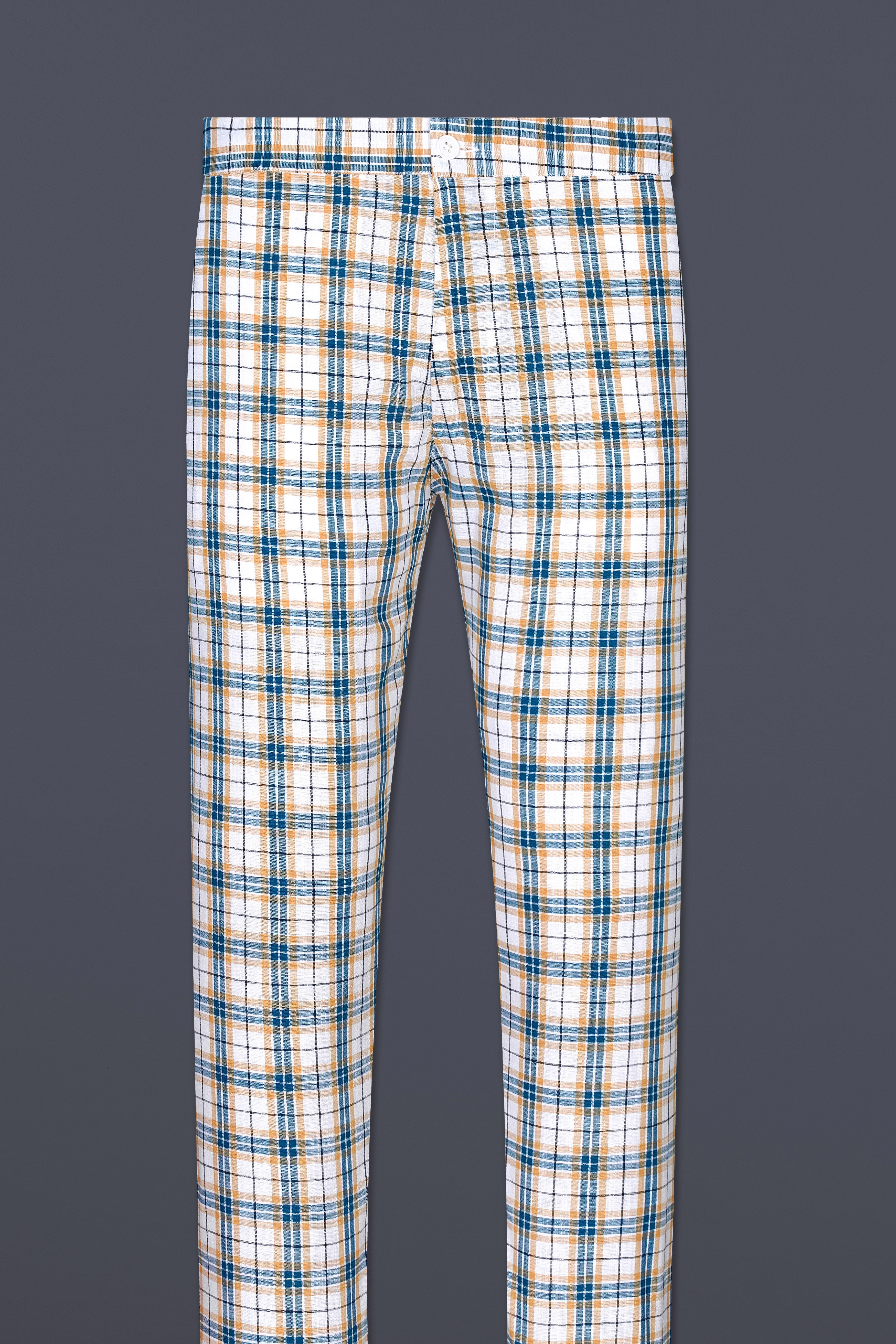 Bright White with Ocean Blue Plaid Luxurious Linen Lounge Pant