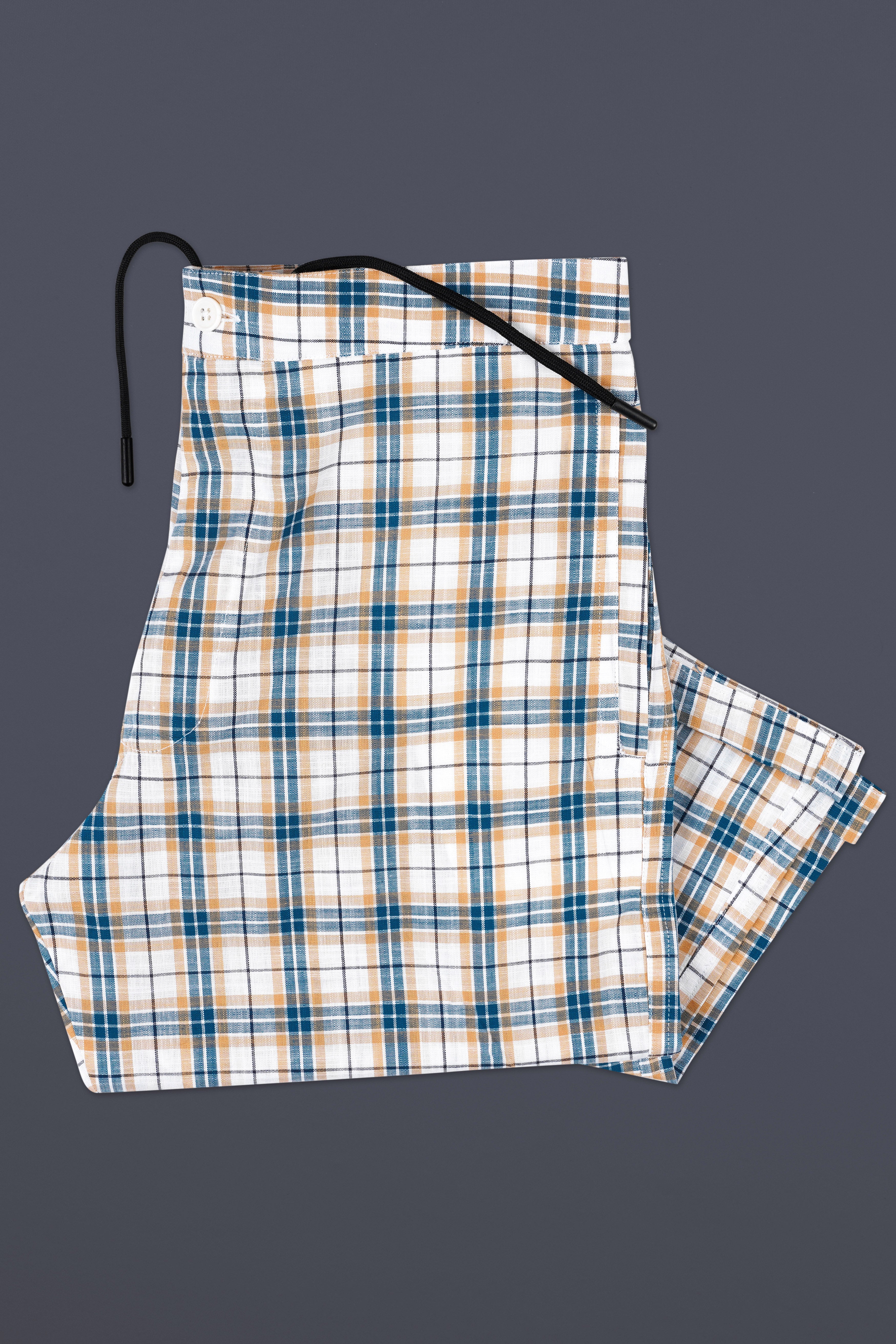 Bright White with Ocean Blue Plaid Luxurious Linen Lounge Pant