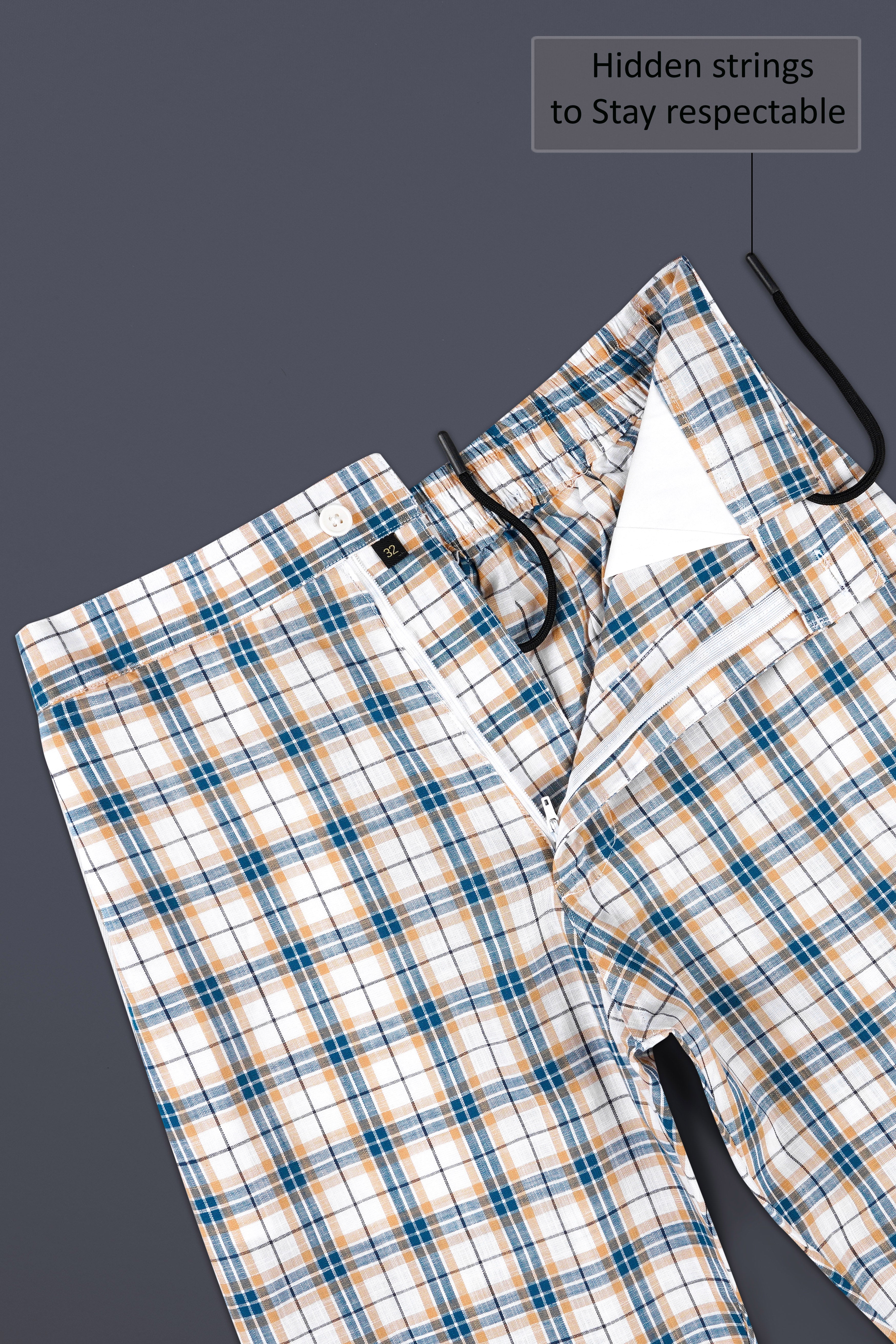 Bright White with Ocean Blue Plaid Luxurious Linen Lounge Pant
