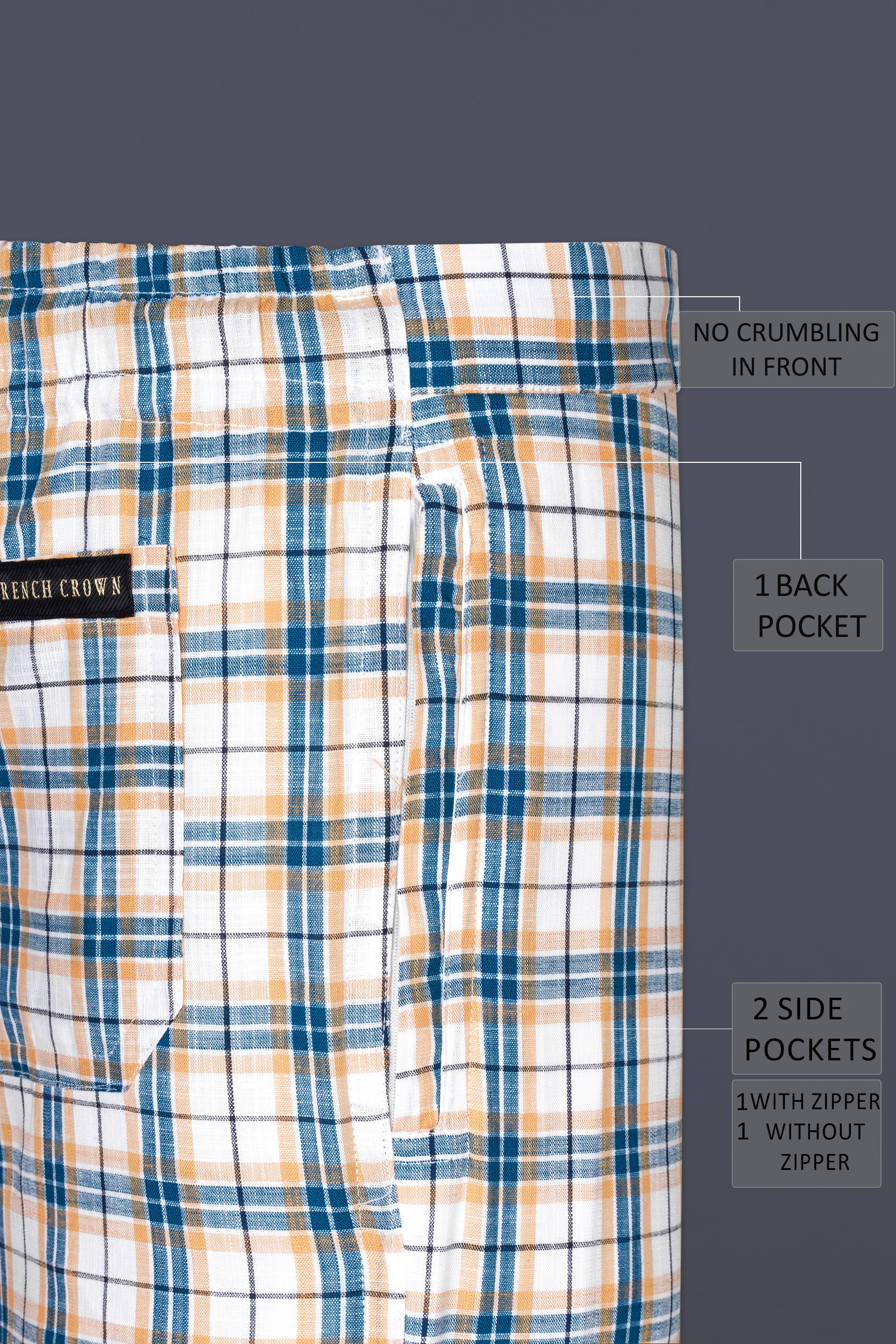 Bright White with Ocean Blue Plaid Luxurious Linen Lounge Pant