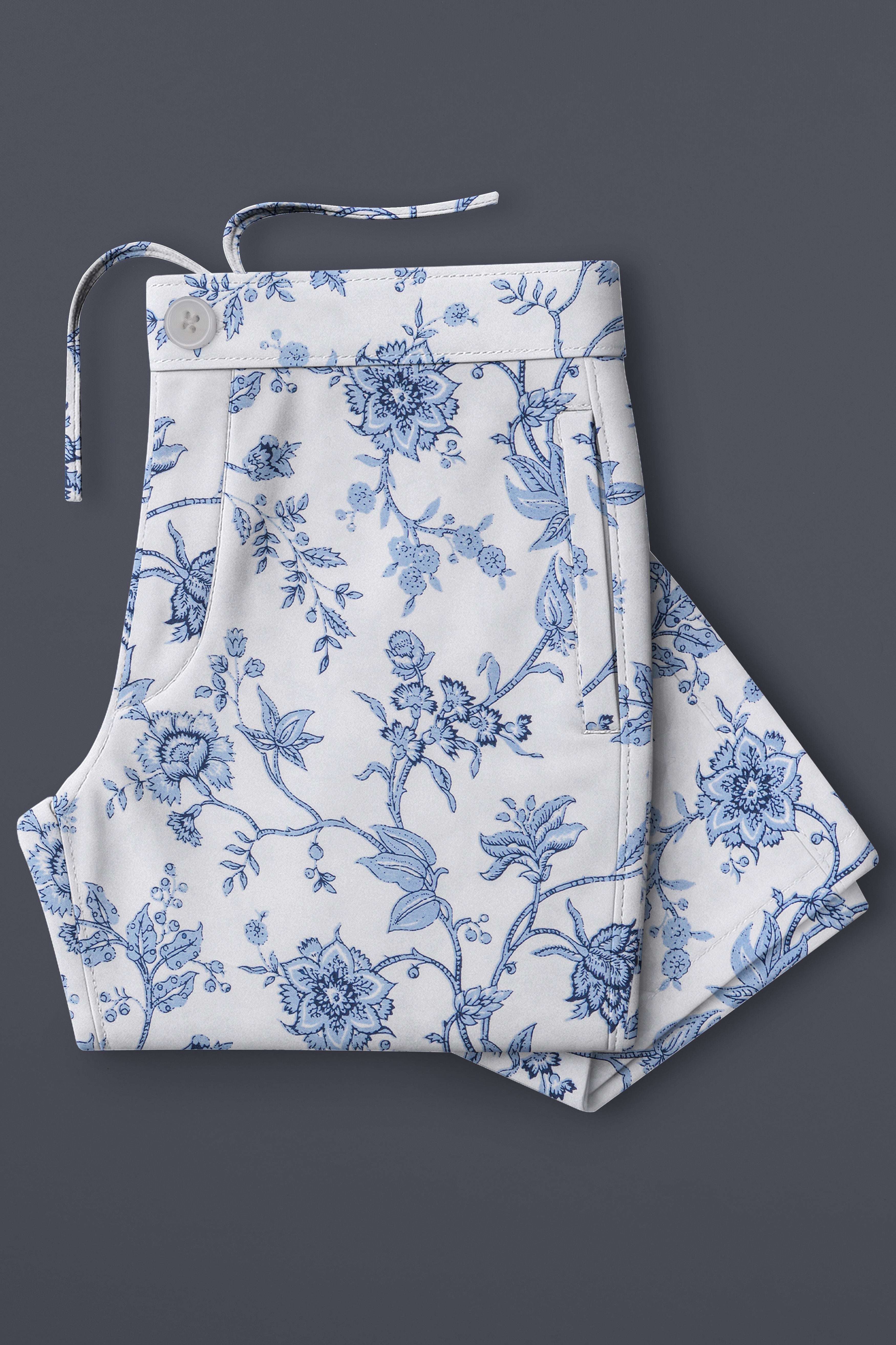 Florique-Bright White And Pastel Blue Floral Printed Subtle Sheen Super Soft Premium Cotton Lounge Pant