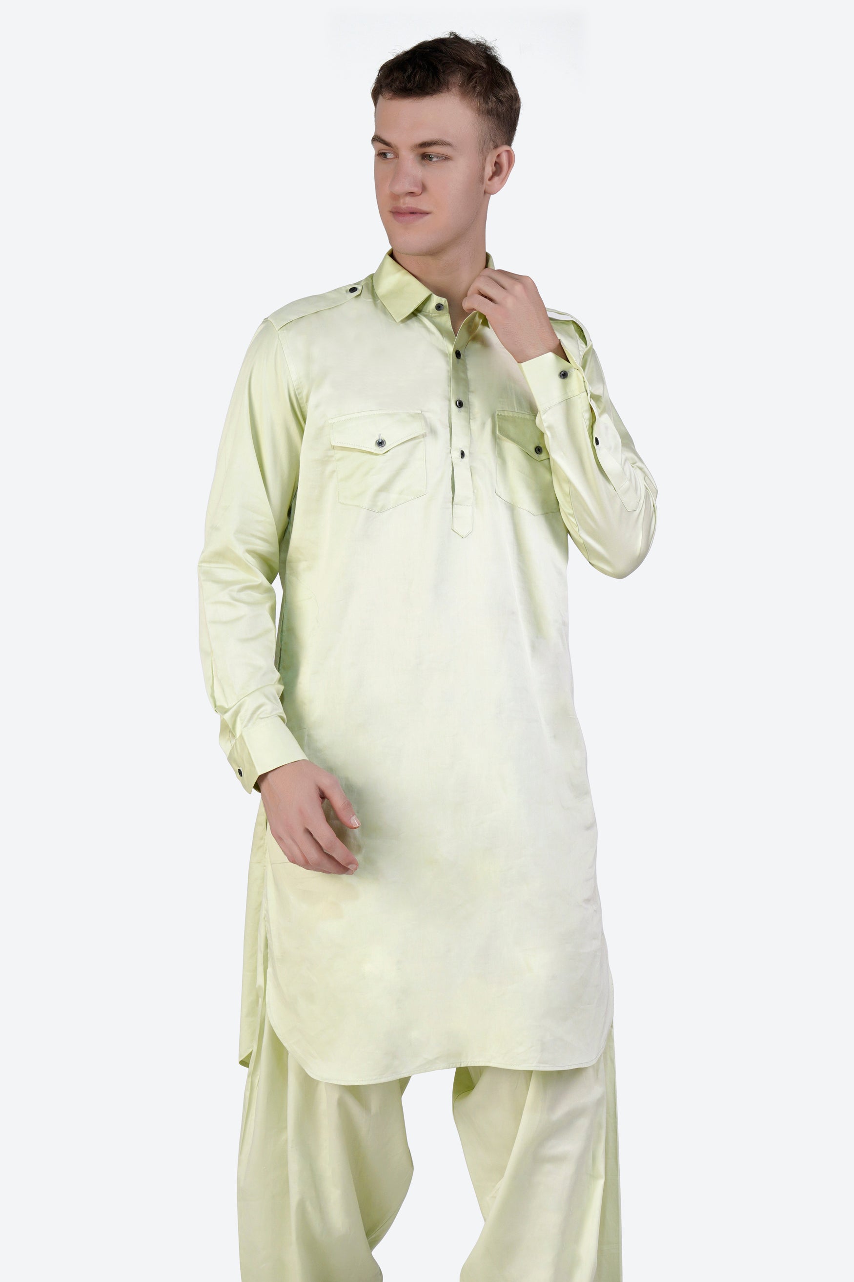 Bone Green Subtle Sheen Super Soft Premium Cotton Pathani Kurta