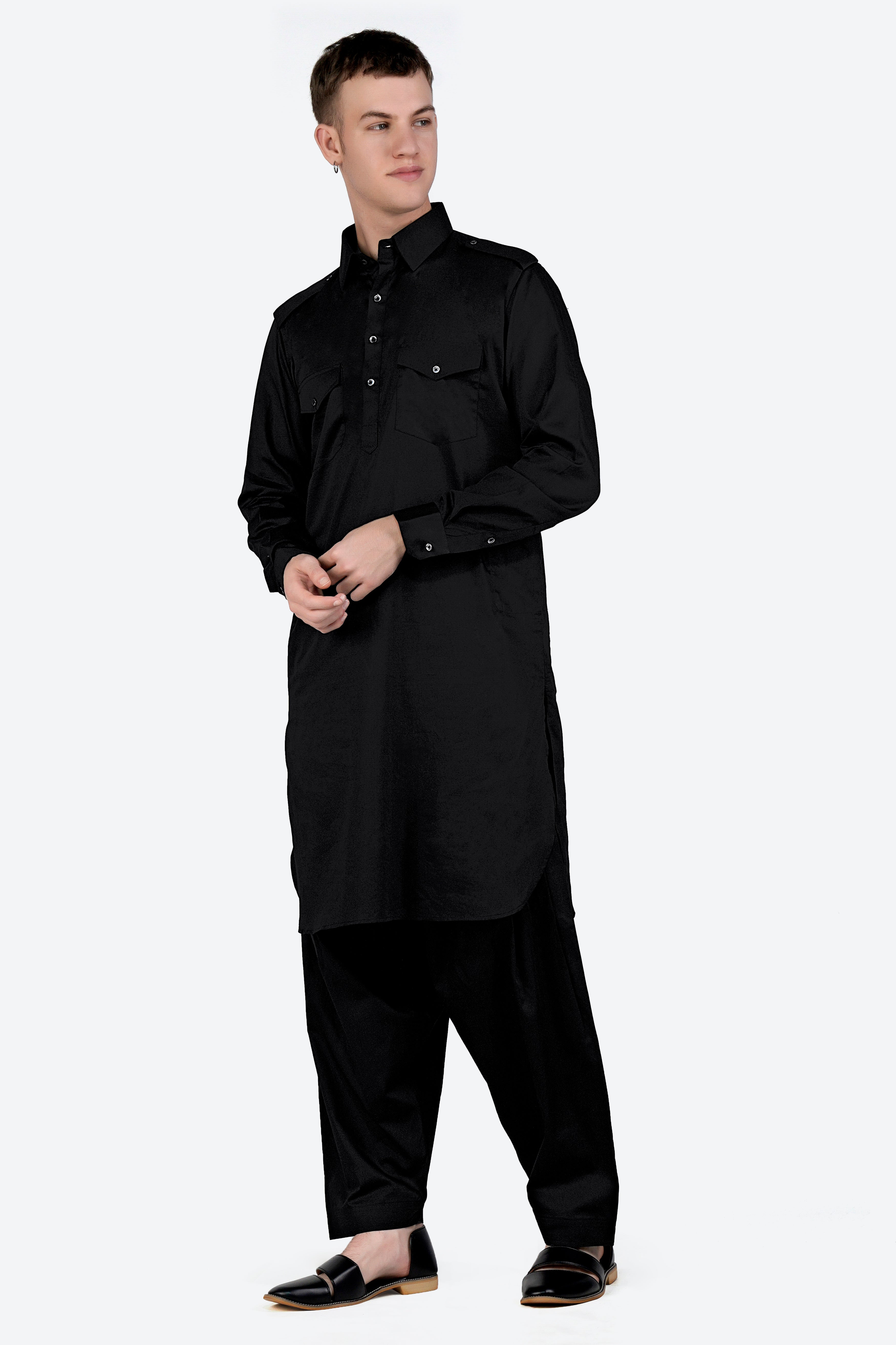 Jade Black Subtle Sheen Super Soft Premium Cotton Pathani Set