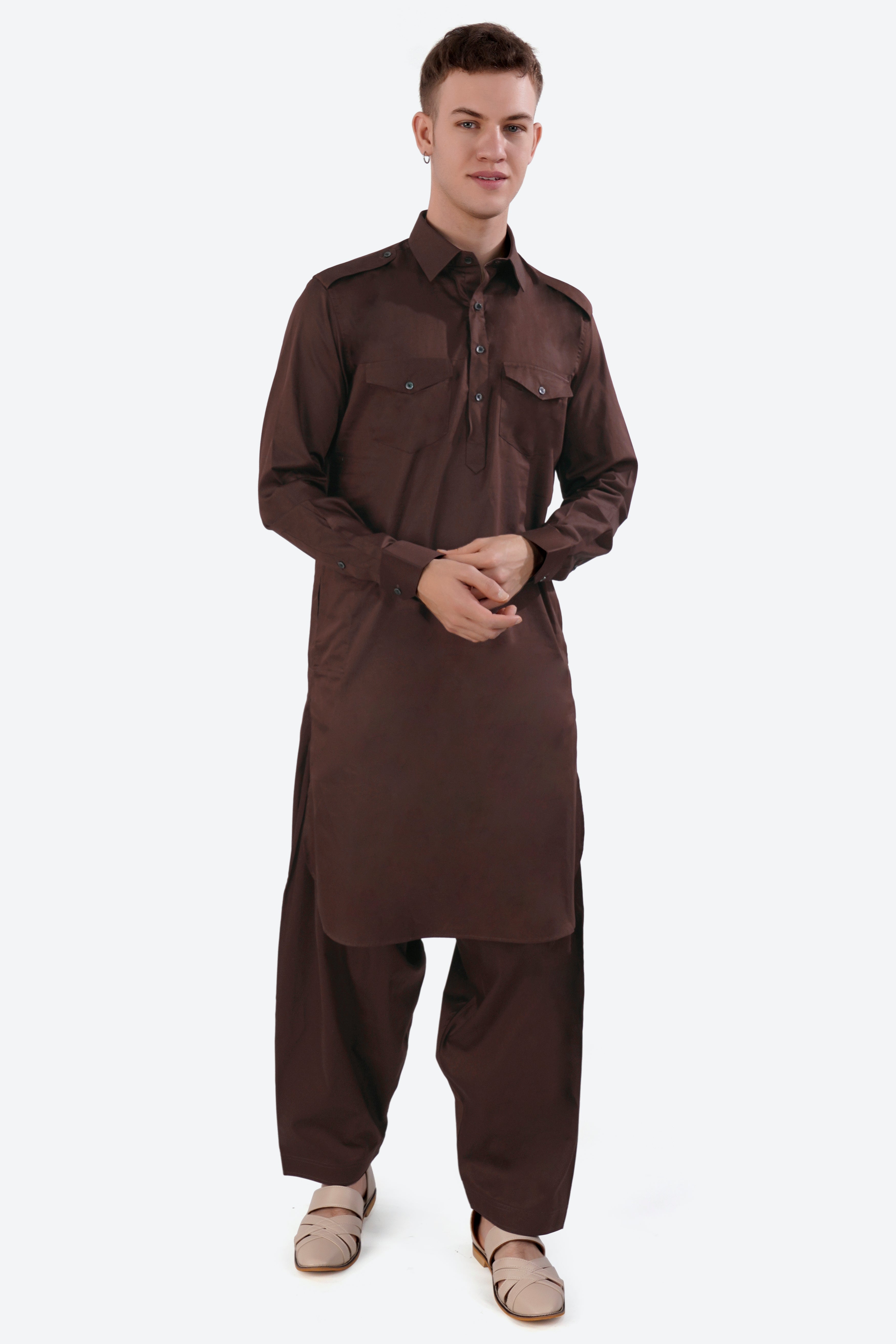 Bistre Brown Subtle Sheen Super Soft Premium Cotton Pathani Set