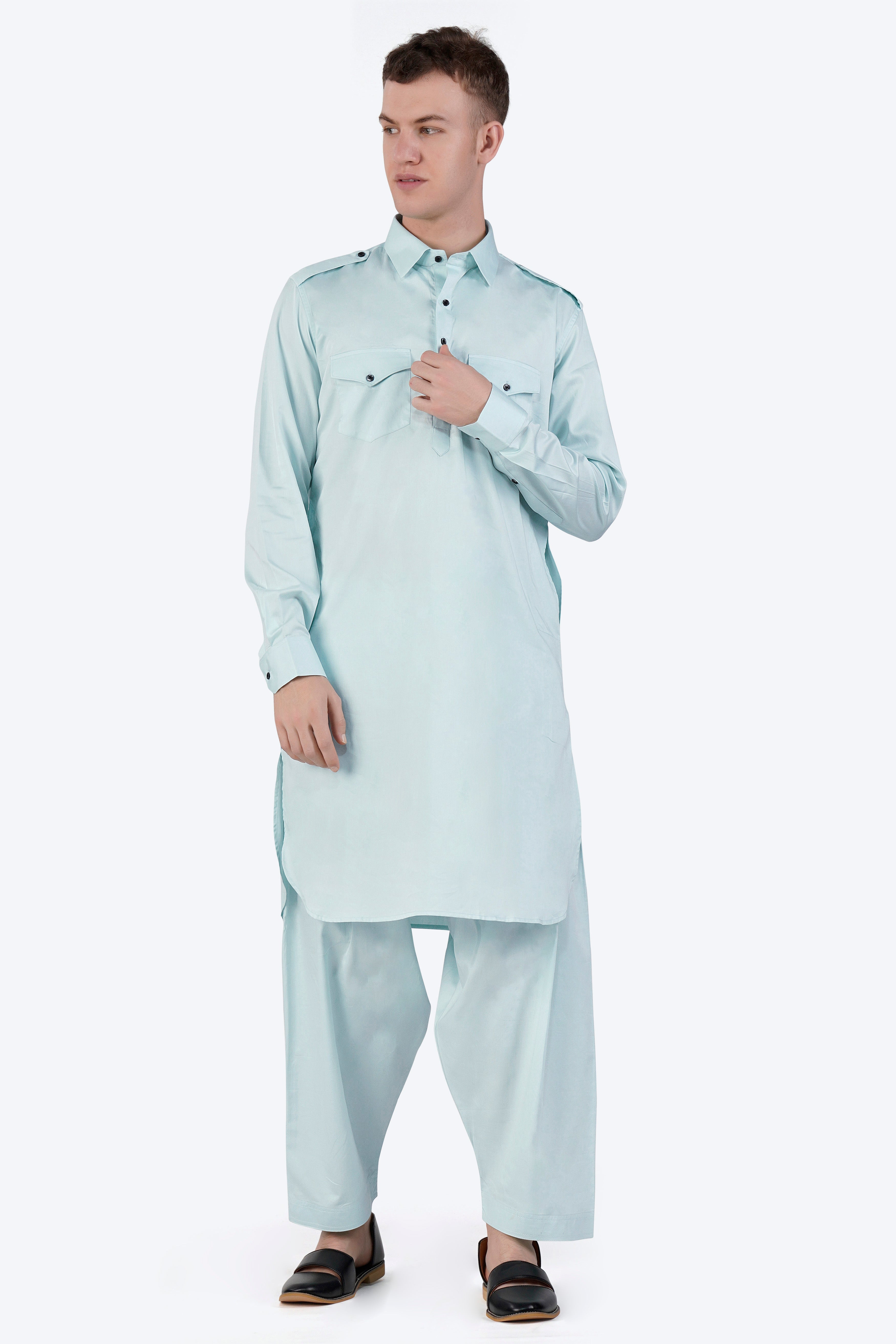 Mercury Blue Subtle Sheen Super Soft Premium Cotton Pathani Set