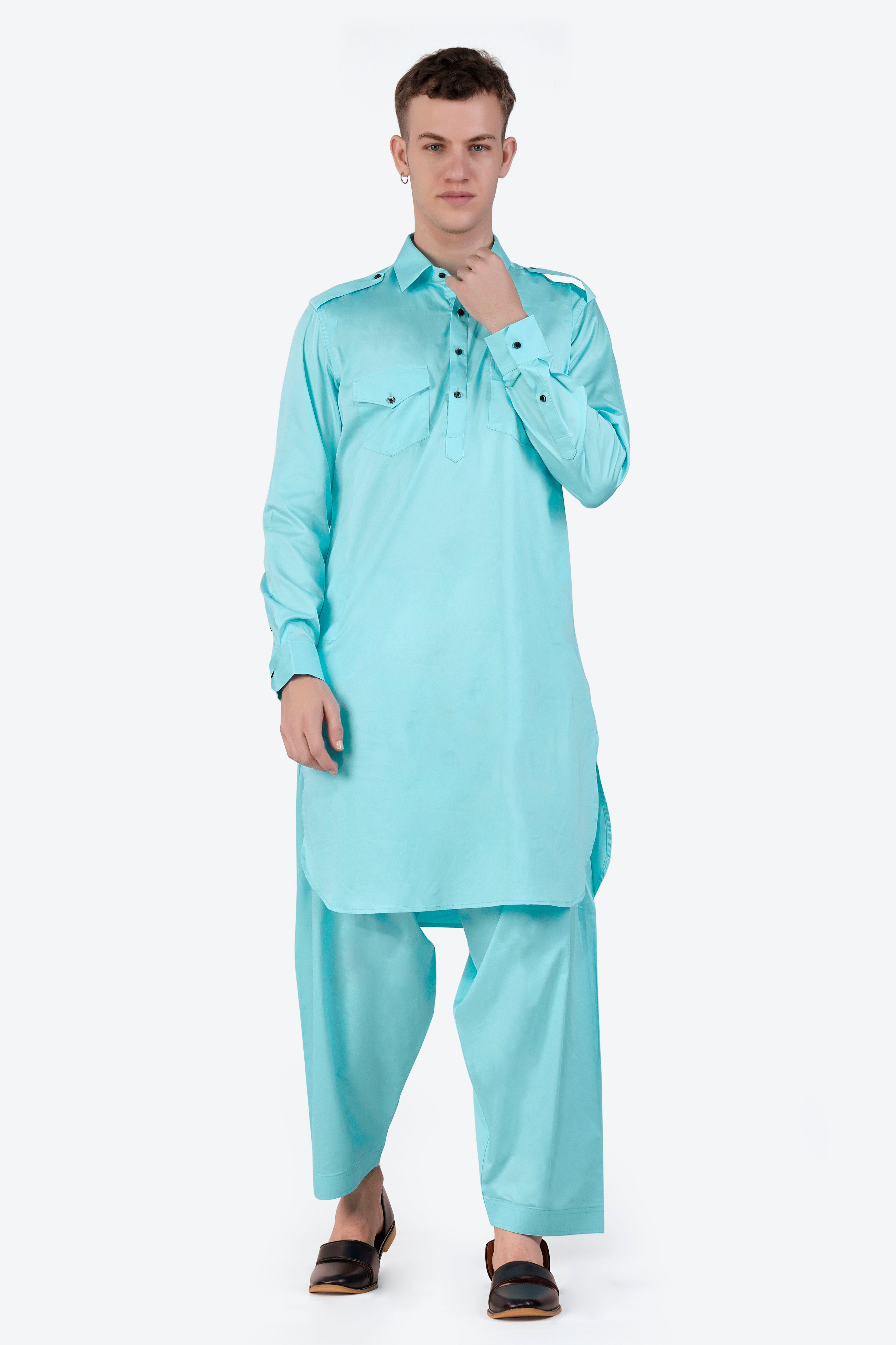 Blizzard Blue Subtle Sheen Super Soft Premium Cotton Pathani Set