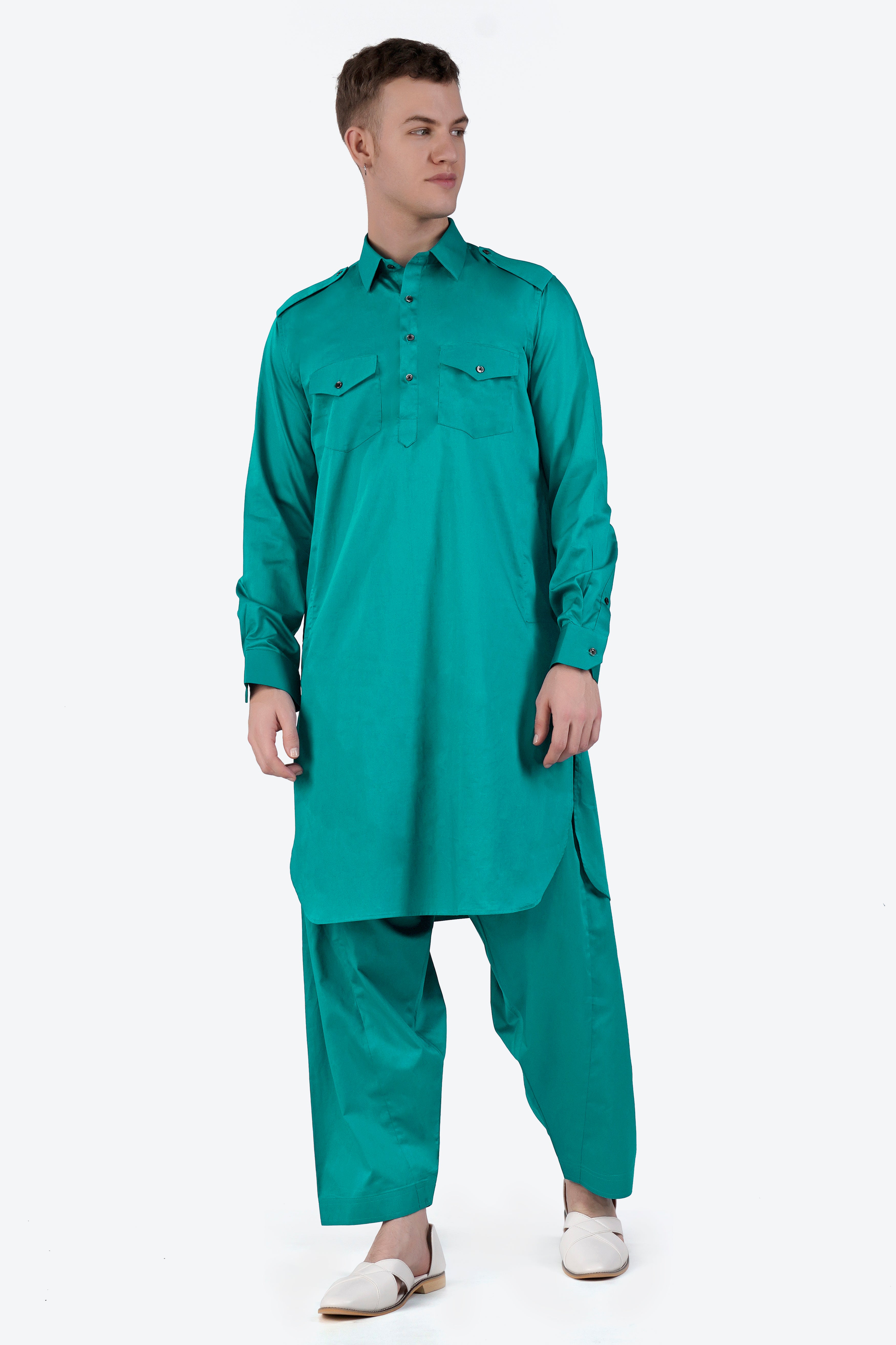 Teal Blue Subtle Sheen Super Soft Premium Cotton Pathani Set