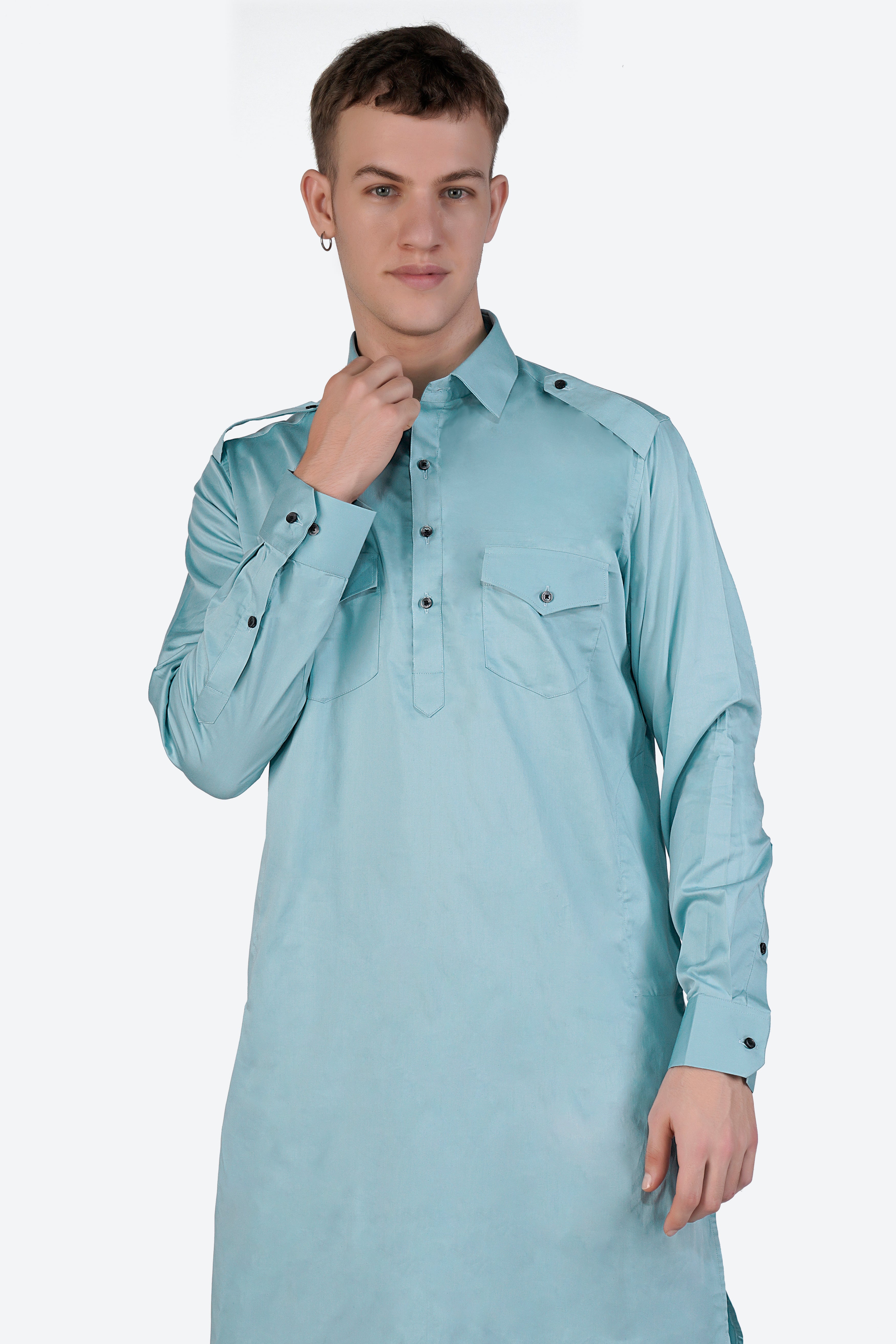 Glacier Blue Subtle Sheen Super Soft Premium Cotton Pathani Set