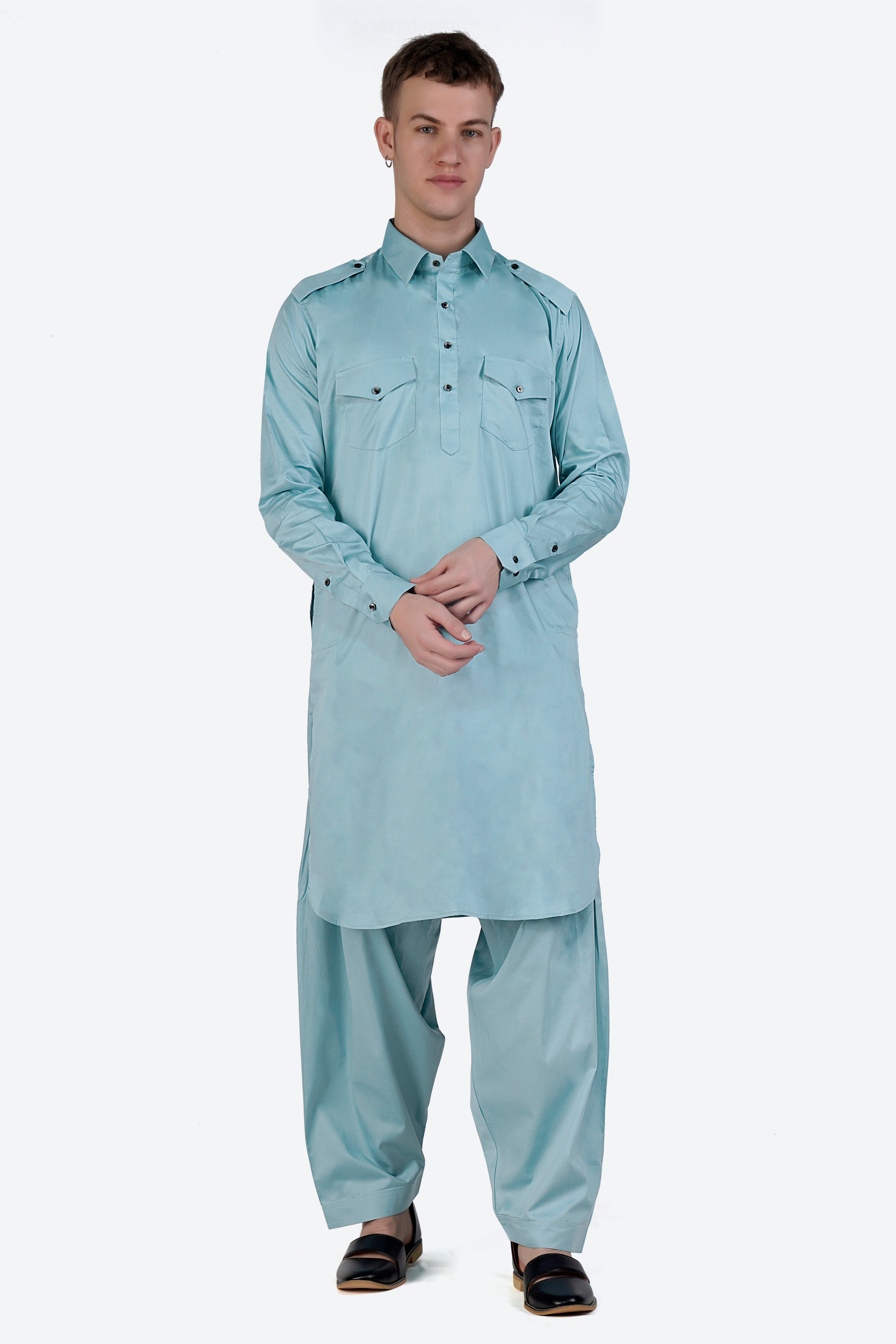 Glacier Blue Subtle Sheen Super Soft Premium Cotton Pathani Set