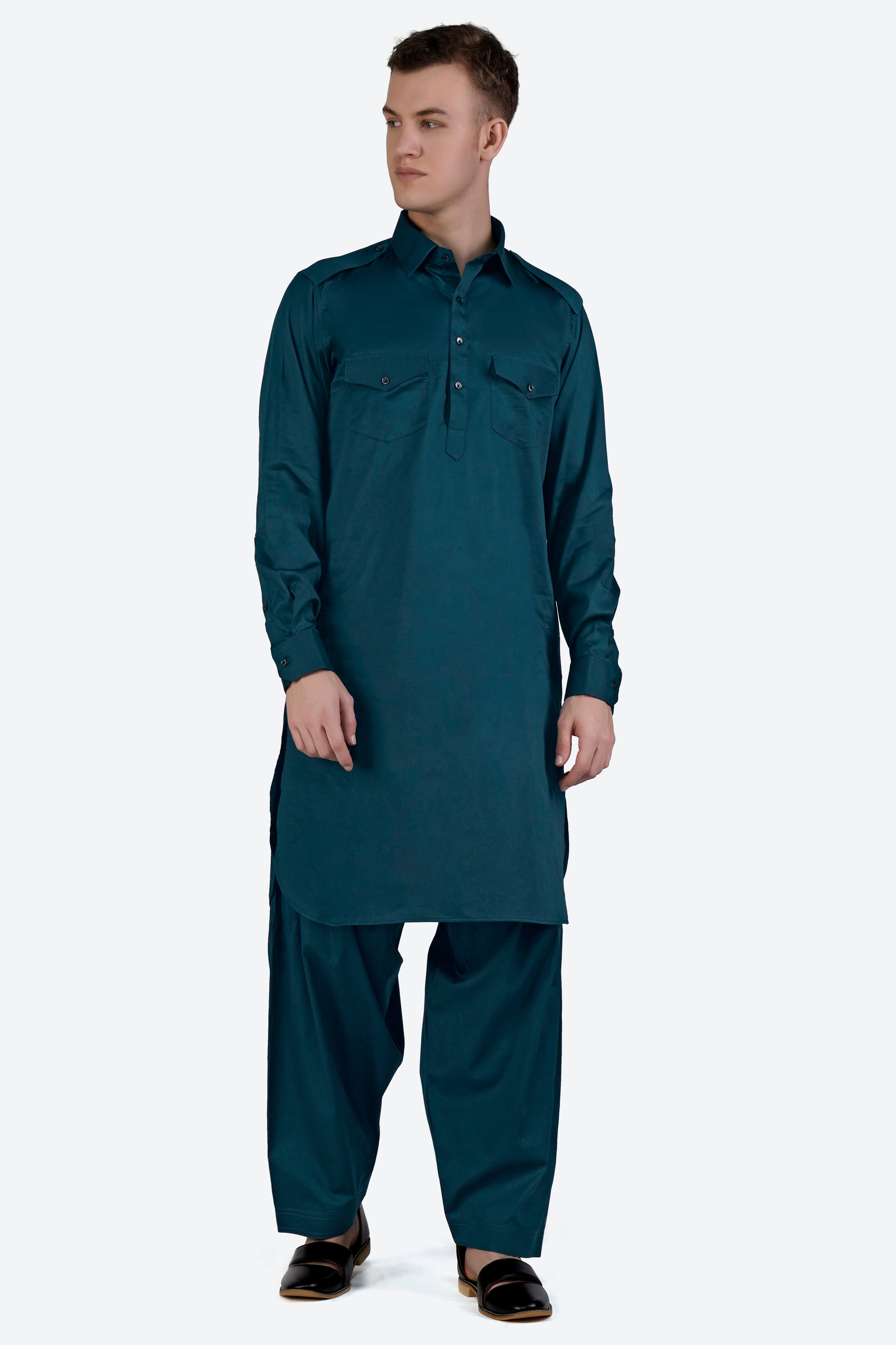 Nile Blue Subtle Sheen Super Soft Premium Cotton Pathani Set