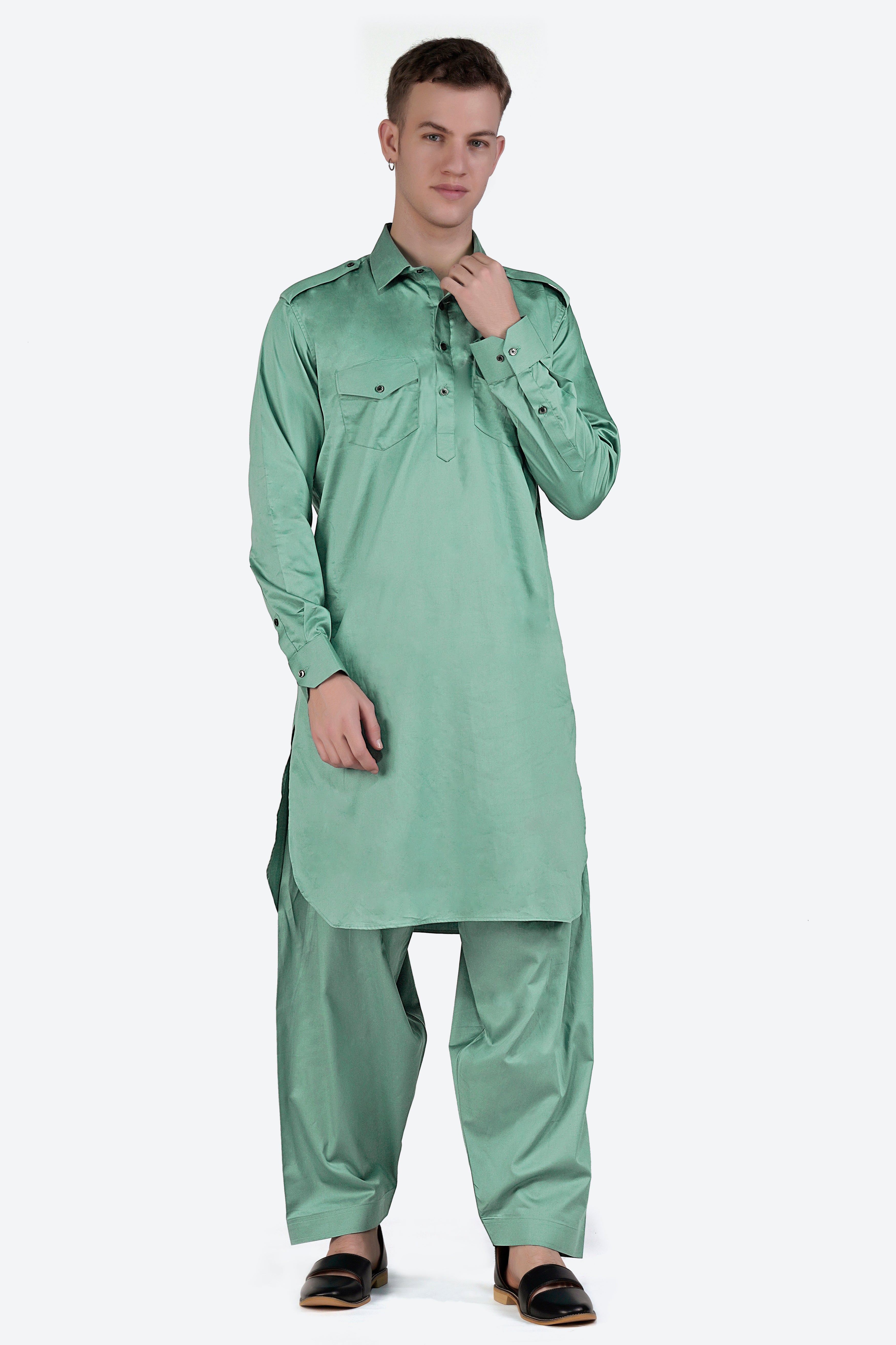 Patina Green Subtle Sheen Super Soft Premium Cotton Pathani Set