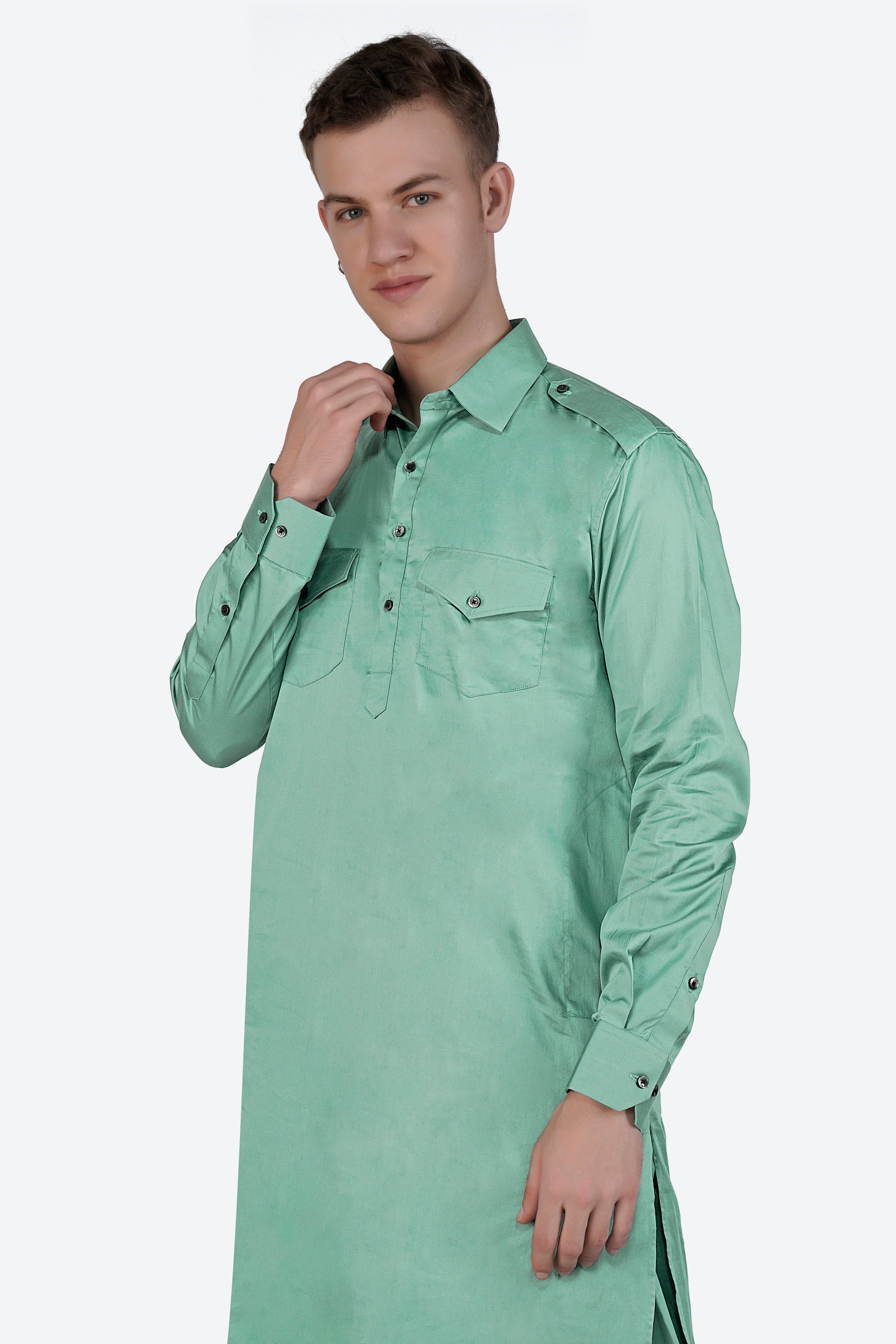Patina Green Subtle Sheen Super Soft Premium Cotton Pathani Set