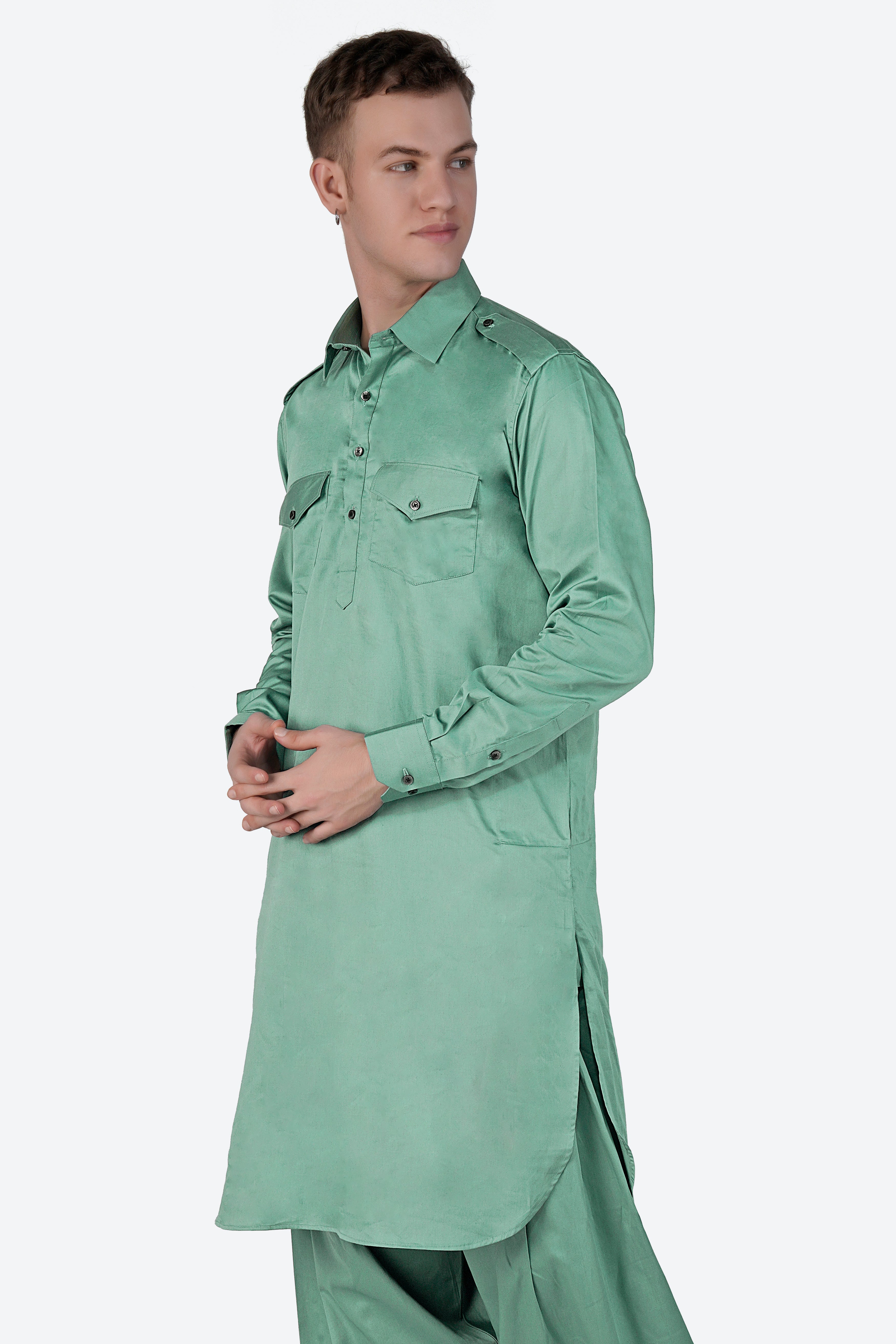 Patina Green Subtle Sheen Super Soft Premium Cotton Pathani Set