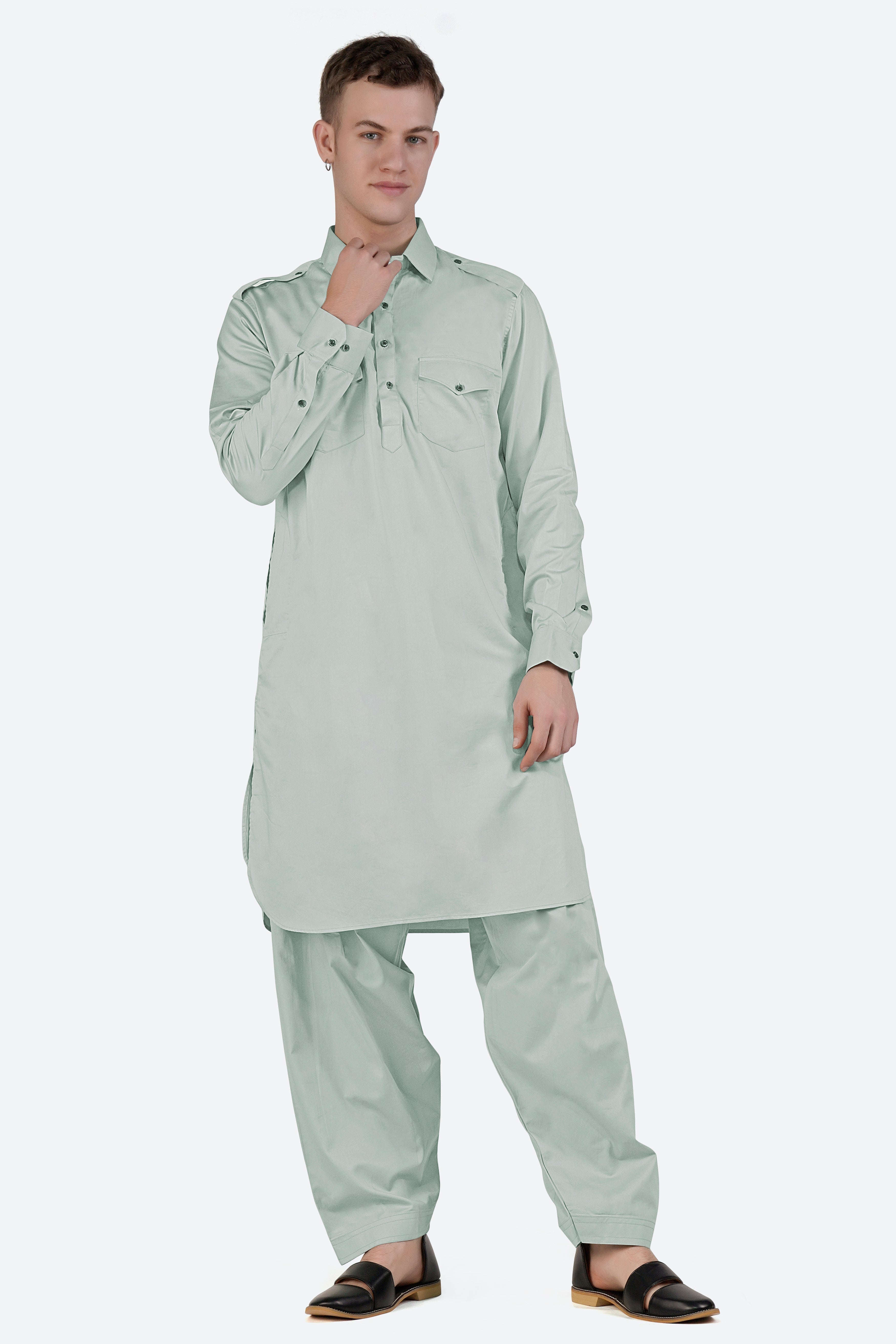 Periglacial Green Subtle Sheen Super Soft Premium Cotton Pathani Set