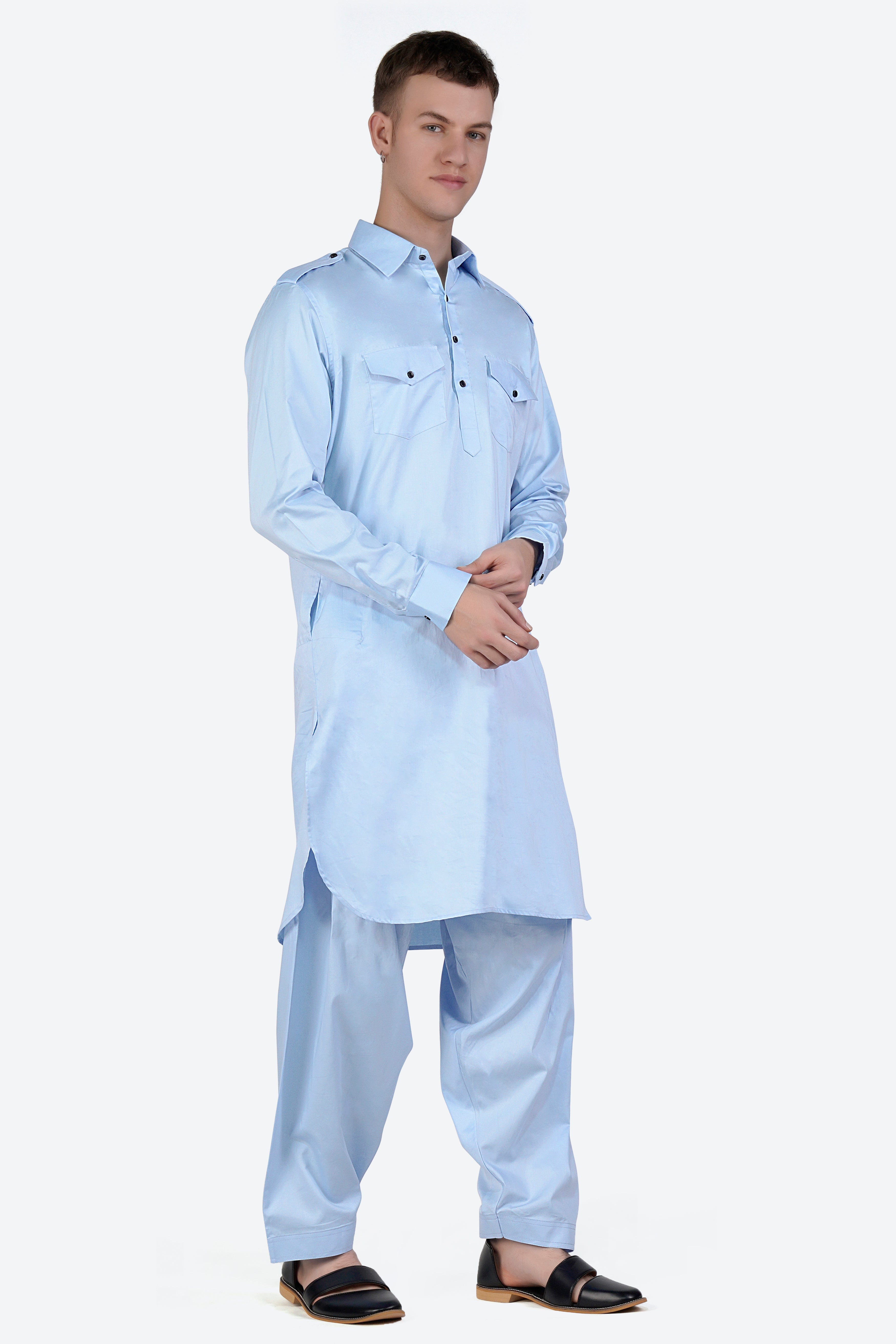 Tropical Blue Subtle Sheen Super Soft Premium Cotton Pathani Set