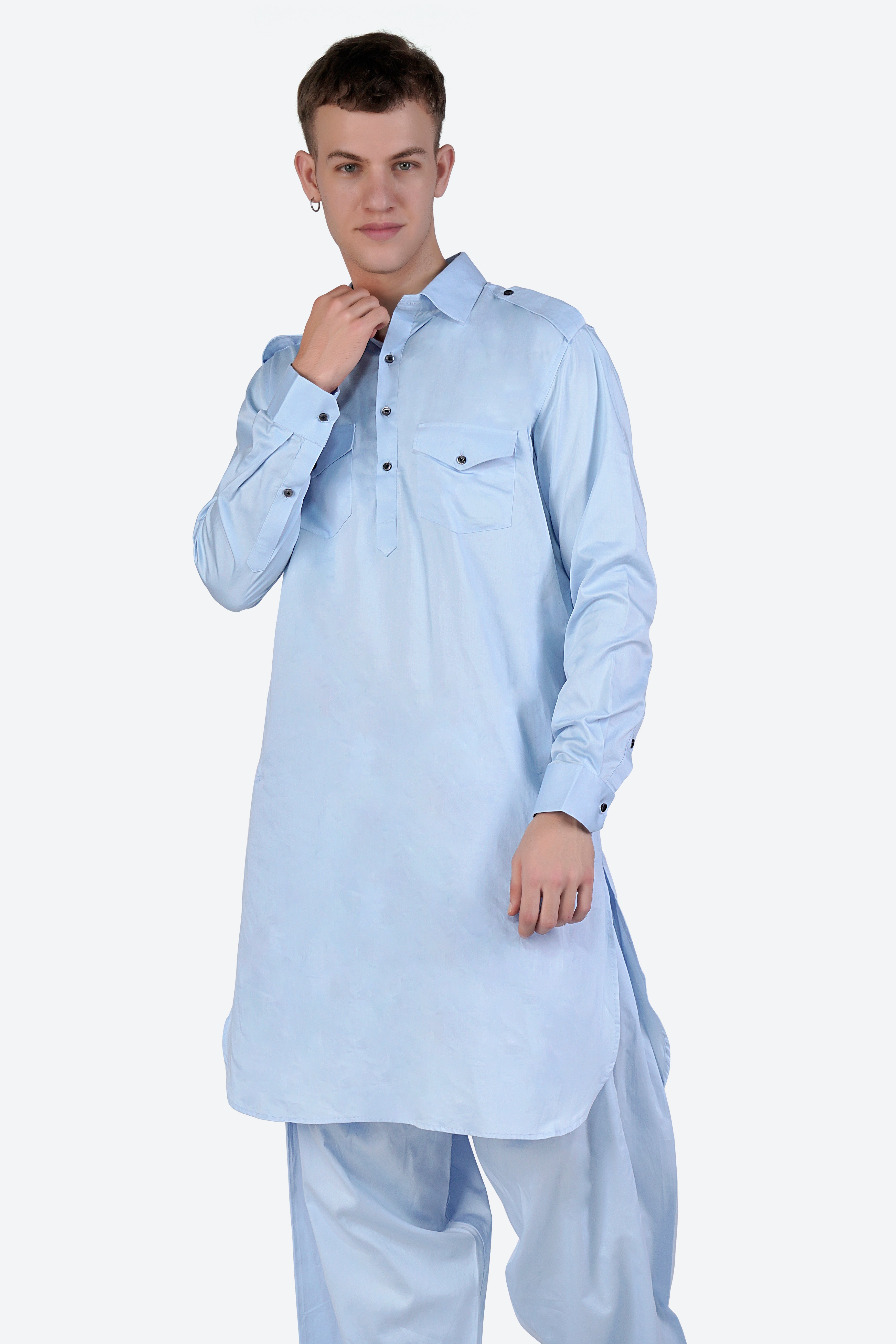 Tropical Blue Subtle Sheen Super Soft Premium Cotton Pathani Set
