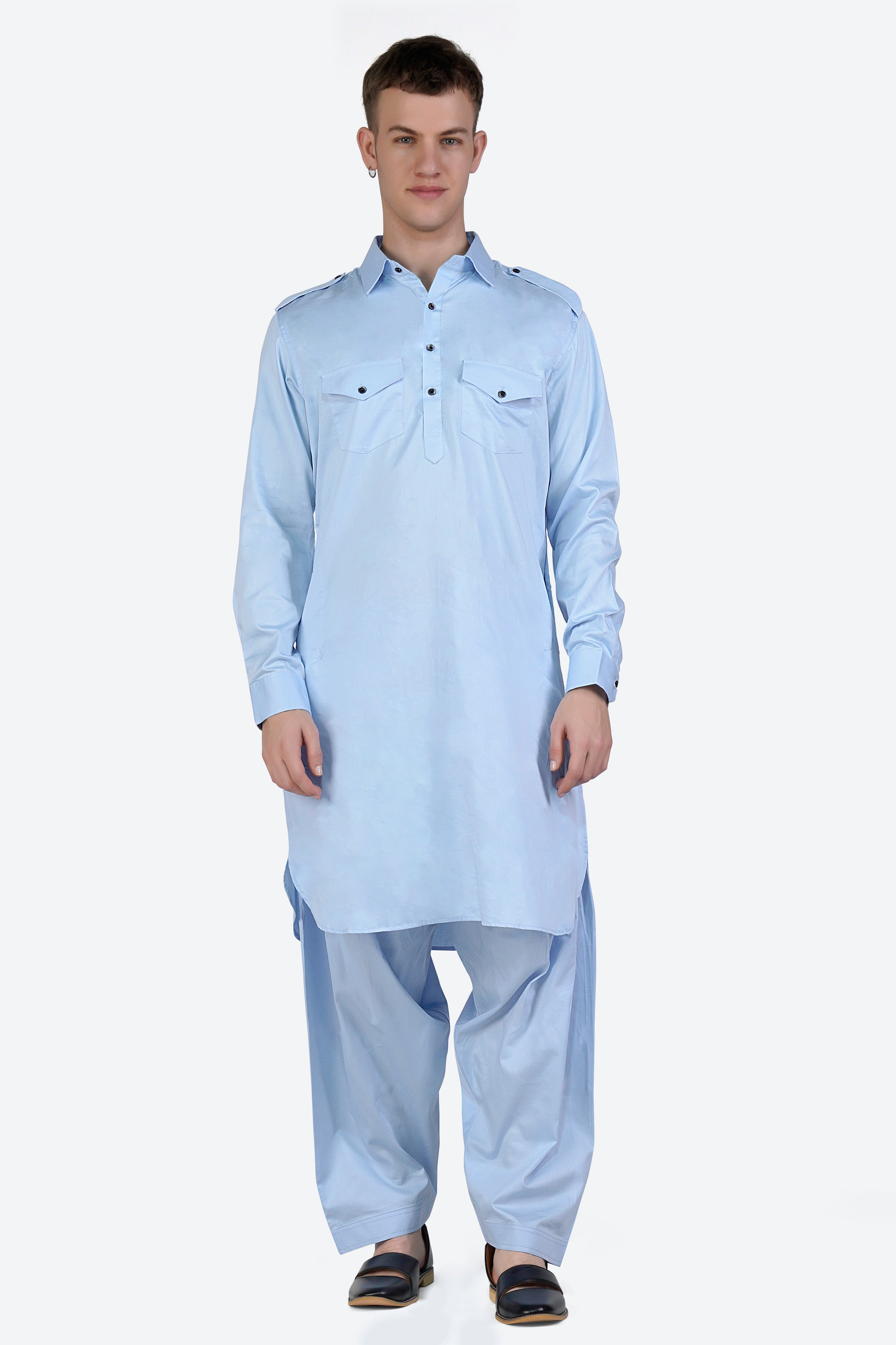 Tropical Blue Subtle Sheen Super Soft Premium Cotton Pathani Set