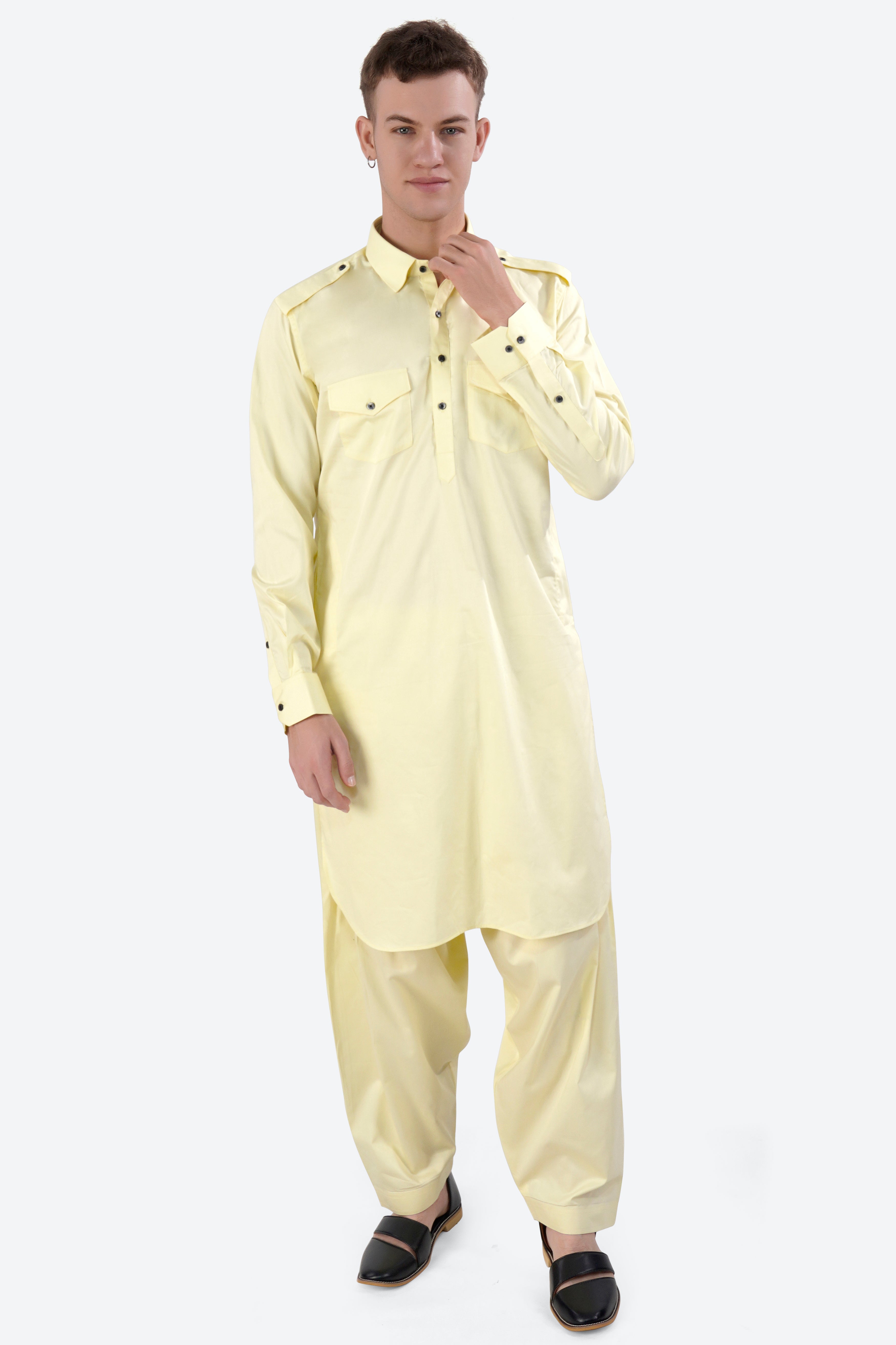 Oasis Yellow Subtle Sheen Super Soft Premium Cotton Pathani Set