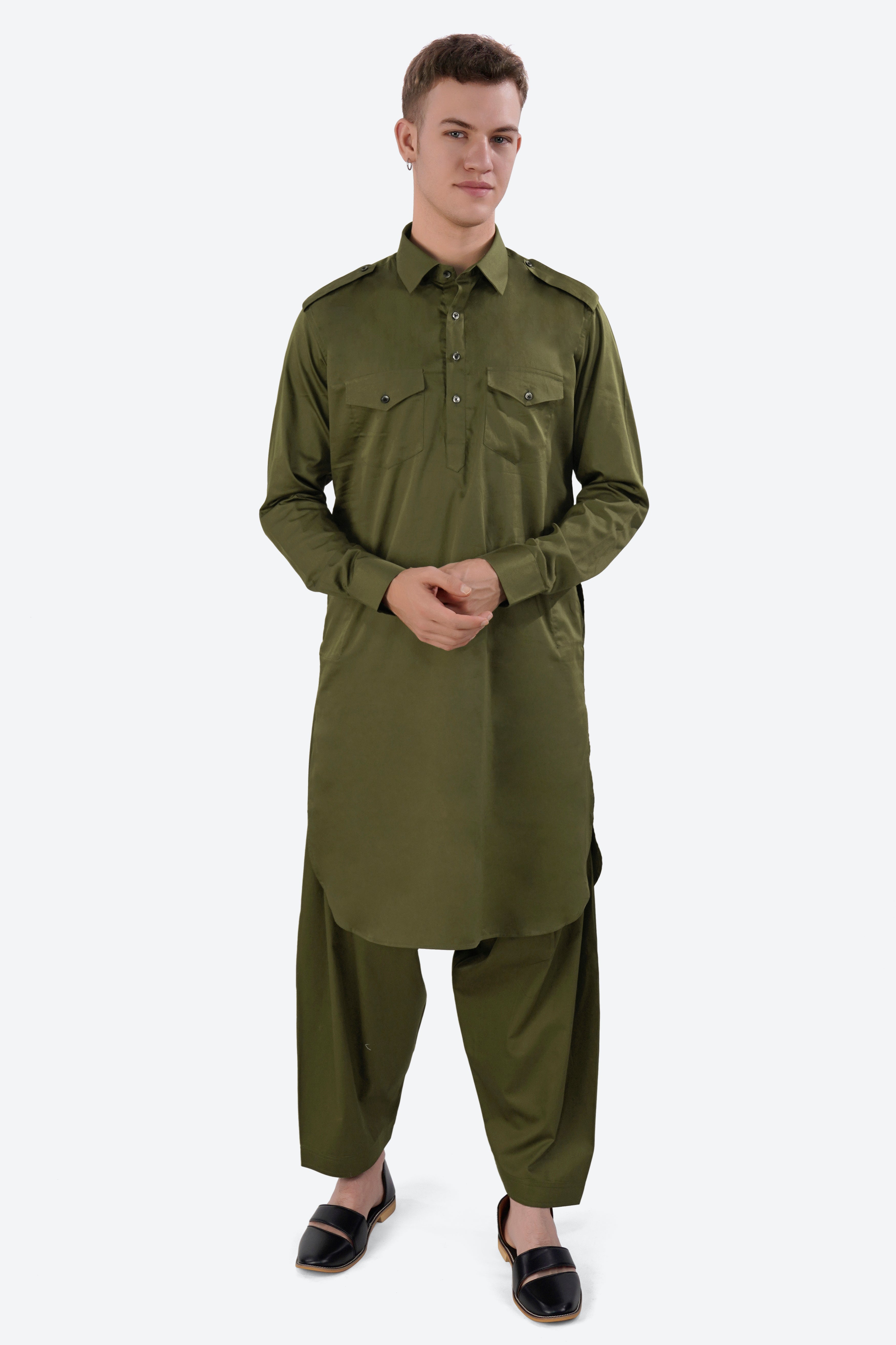 Fuscous Green Subtle Sheen Super Soft Premium Cotton Pathani Set