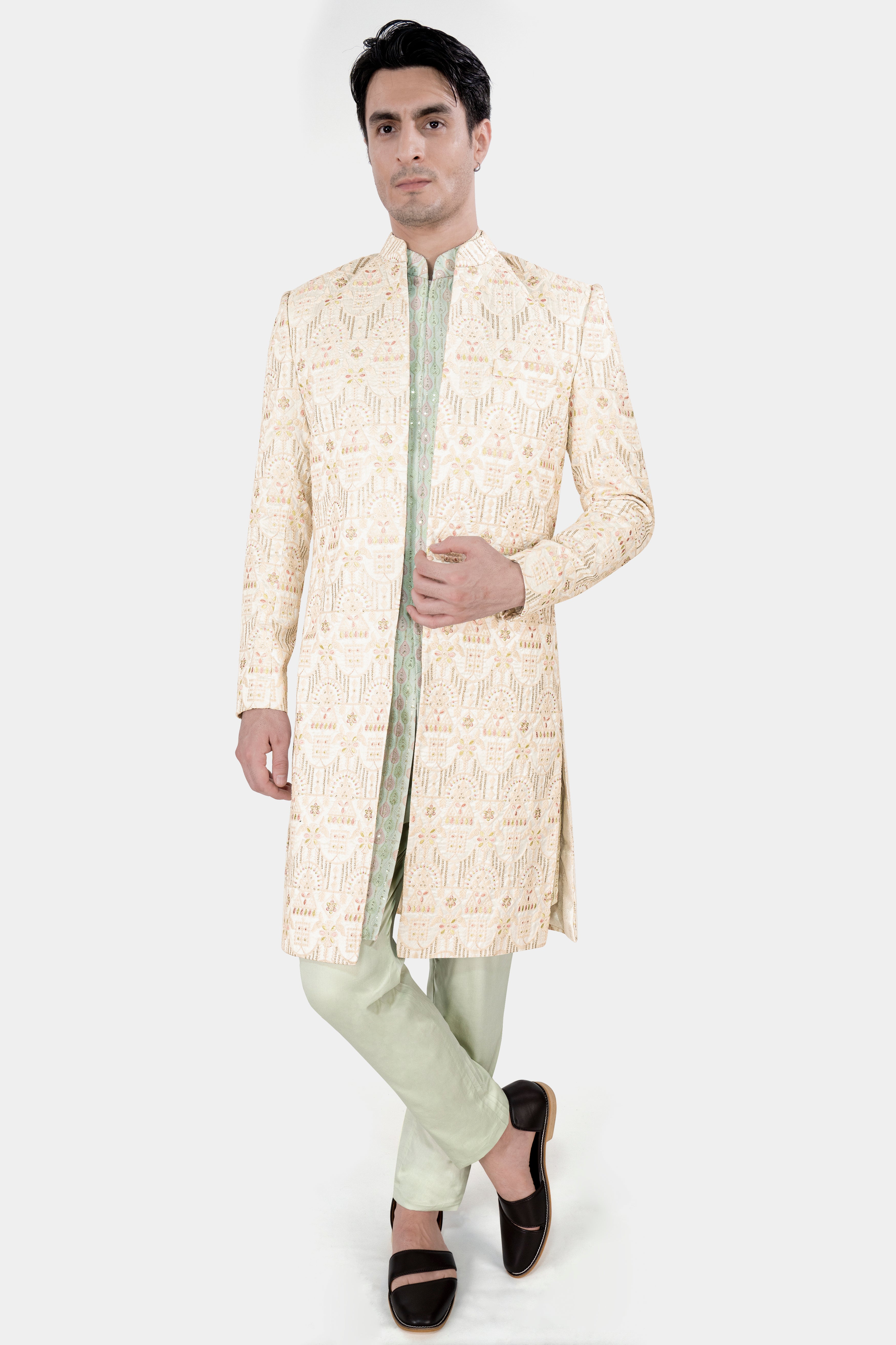 Bizarre Beige and Sage Green Embroidered with Sequins Work Sherwani with Kurta and Pant Set