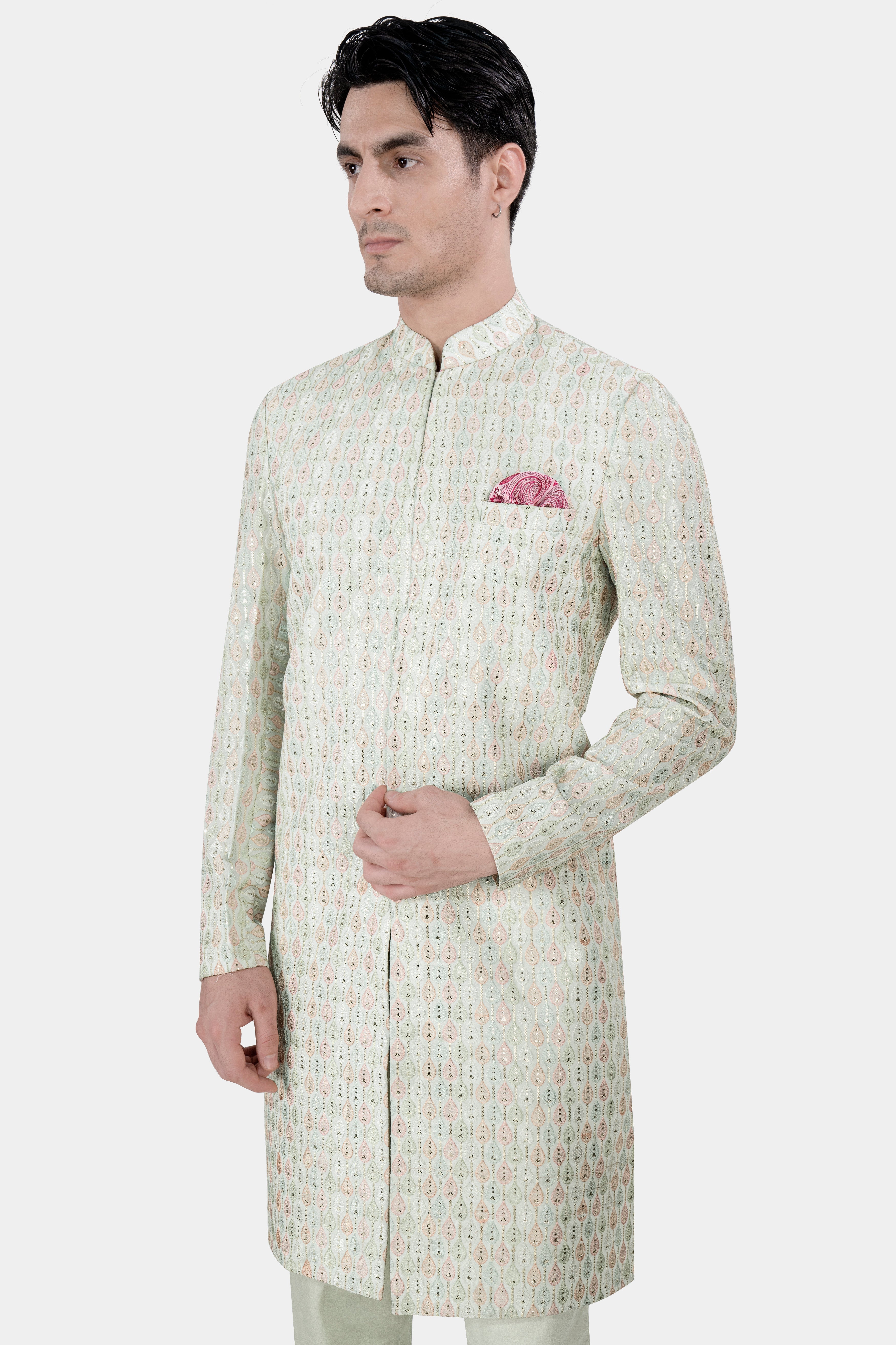 Bizarre Beige and Sage Green Embroidered with Sequins Work Sherwani with Kurta and Pant Set