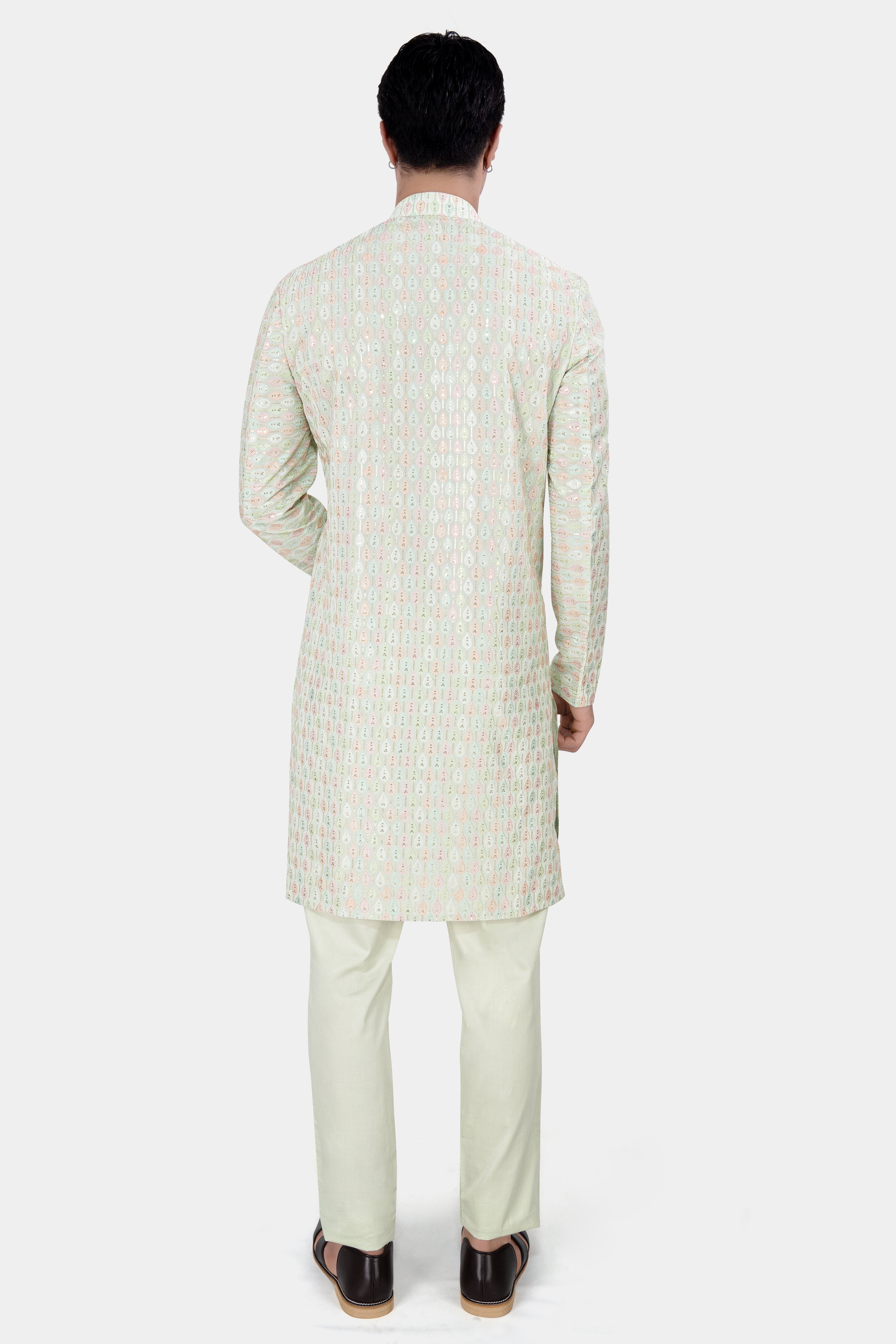 Bizarre Beige and Sage Green Embroidered with Sequins Work Sherwani with Kurta and Pant Set