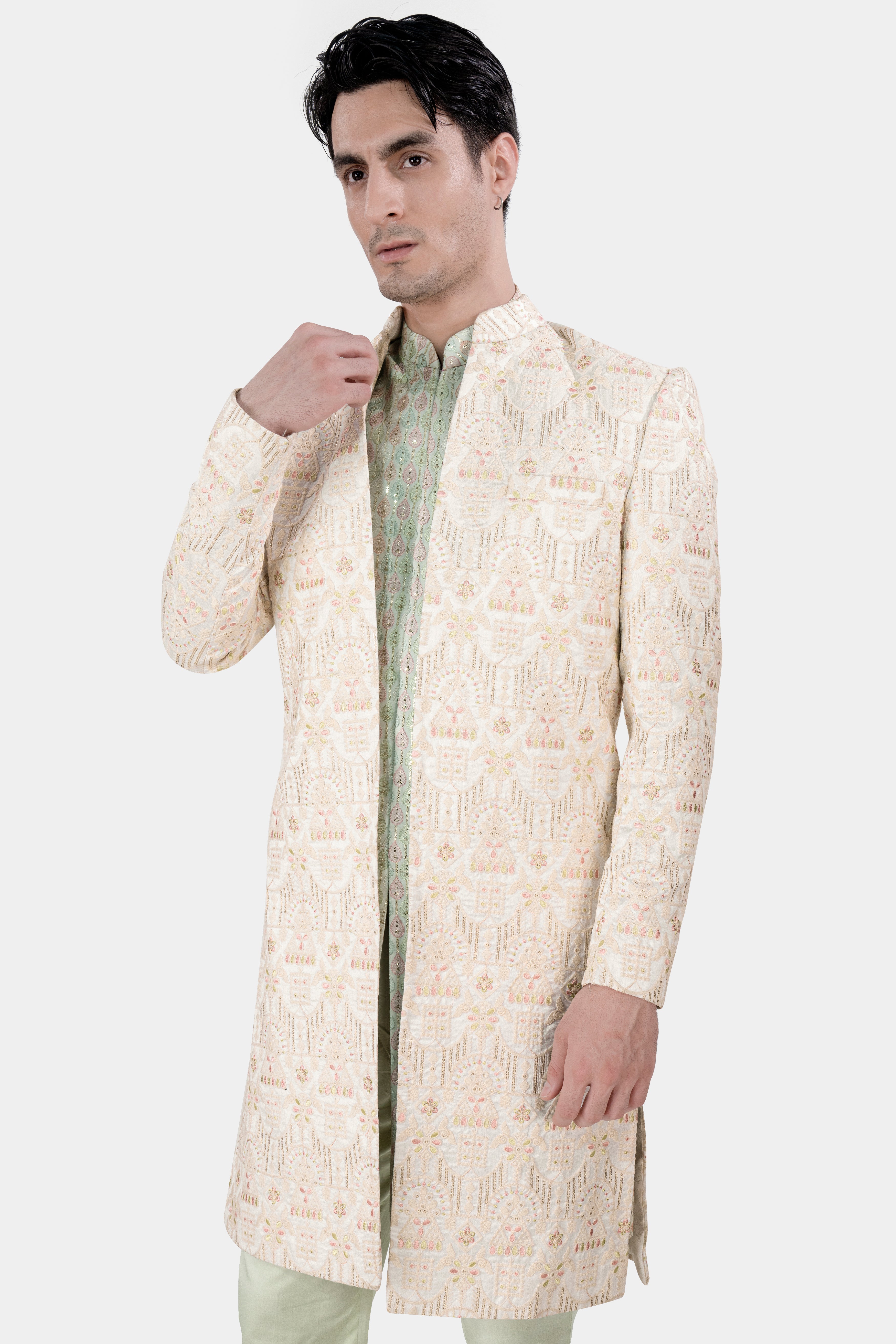 Bizarre Beige and Sage Green Embroidered with Sequins Work Sherwani with Kurta and Pant Set