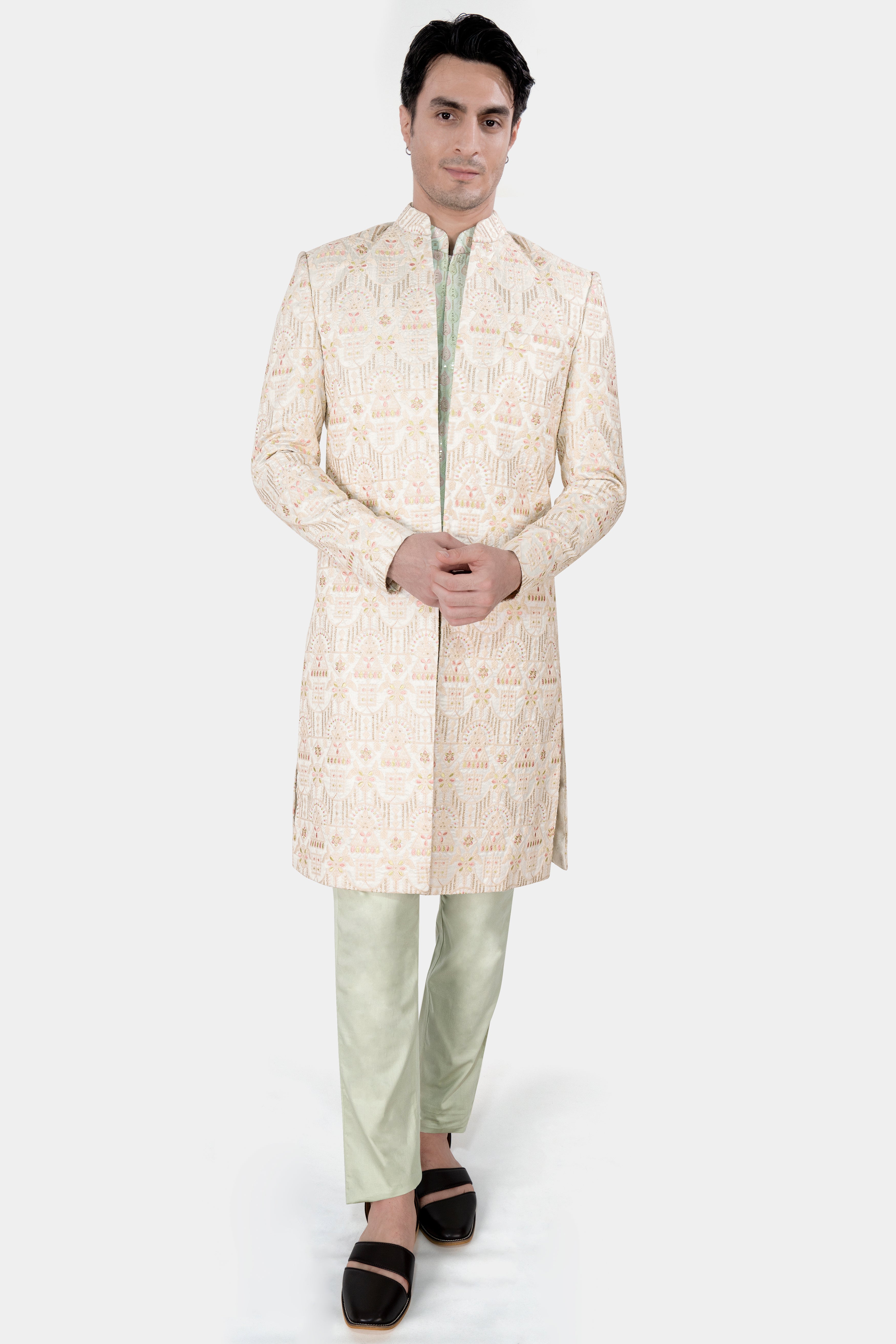 Bizarre Beige and Sage Green Embroidered with Sequins Work Sherwani with Kurta and Pant Set
