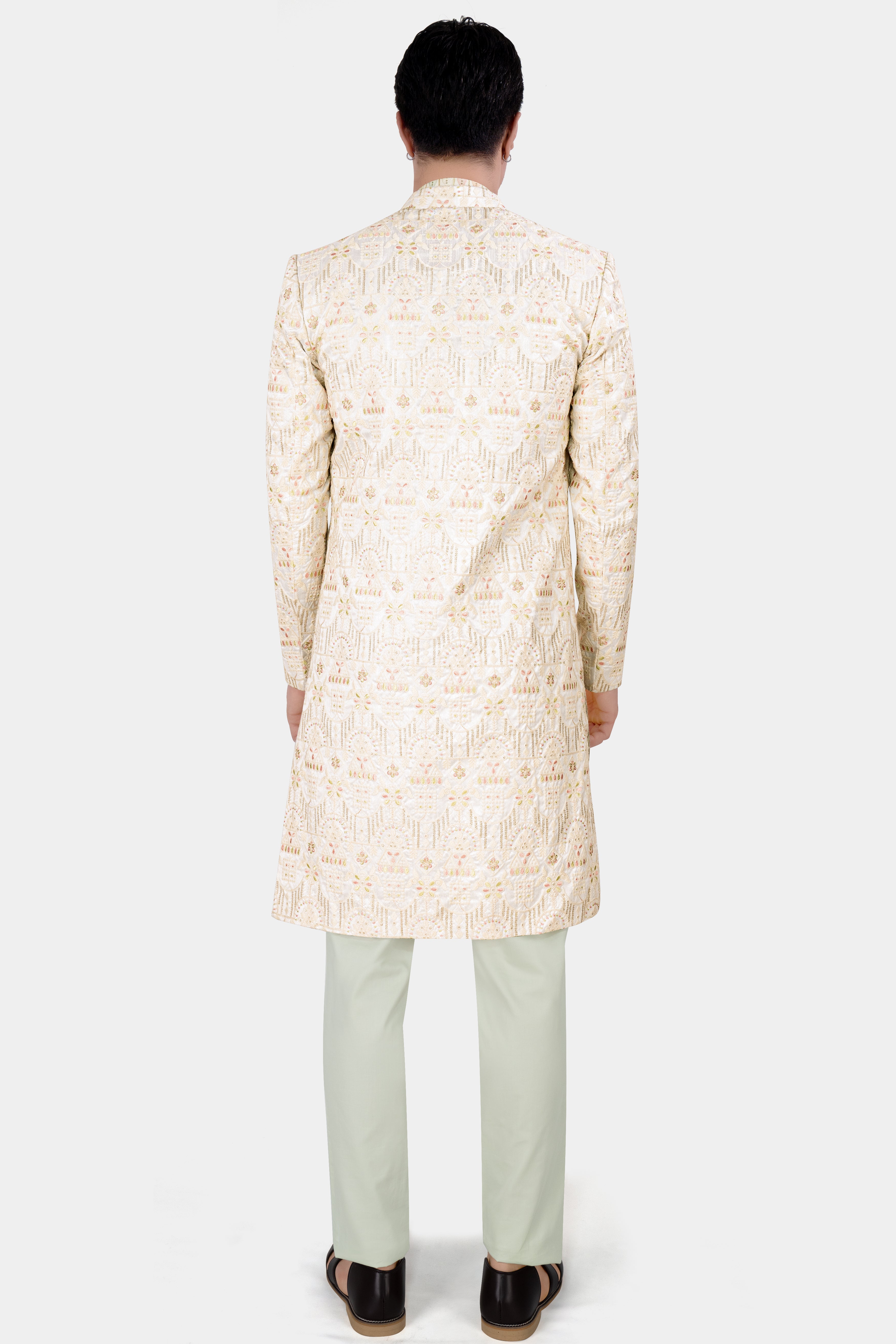 Bizarre Beige and Sage Green Embroidered with Sequins Work Sherwani with Kurta and Pant Set