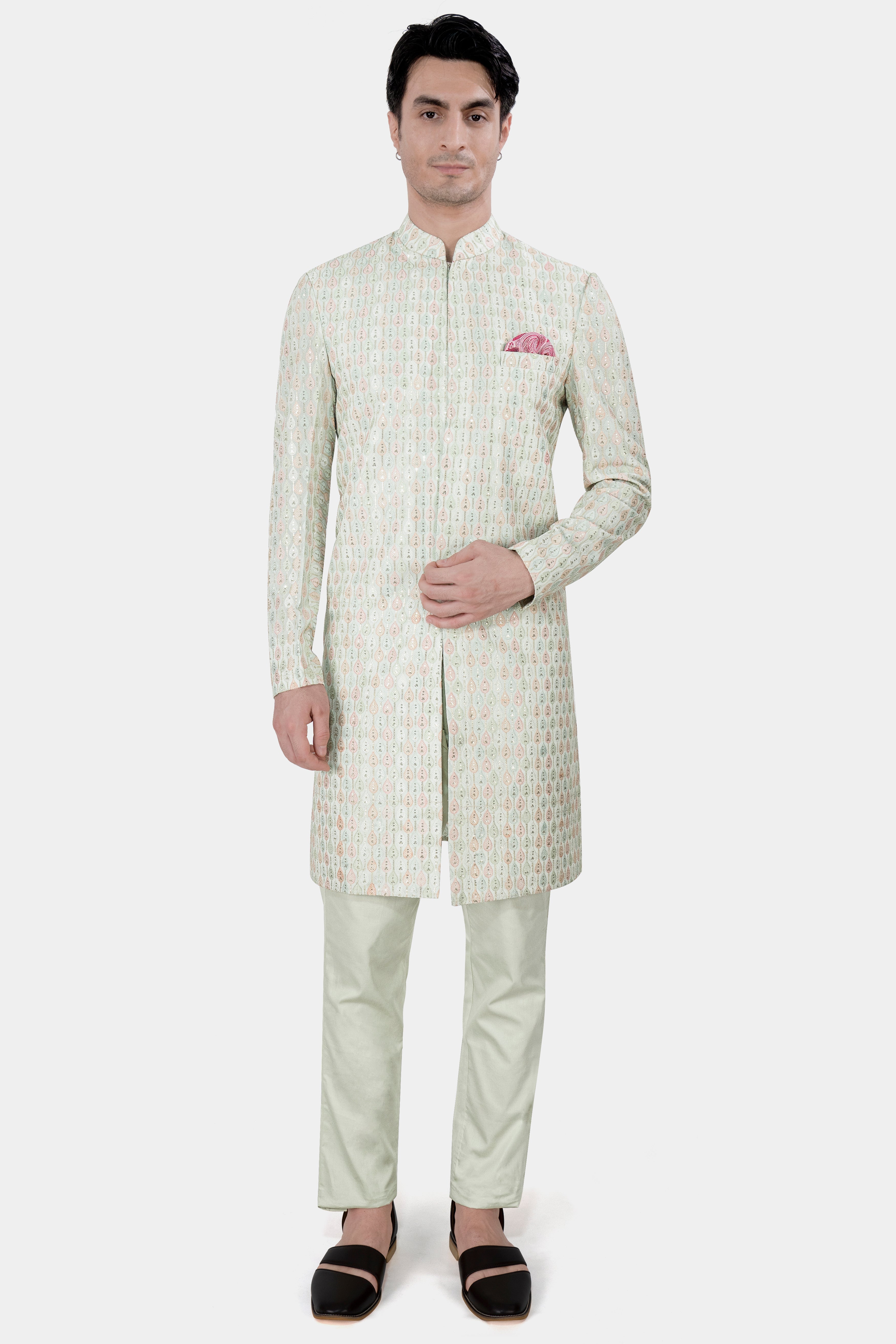Bizarre Beige and Sage Green Embroidered with Sequins Work Sherwani with Kurta and Pant Set