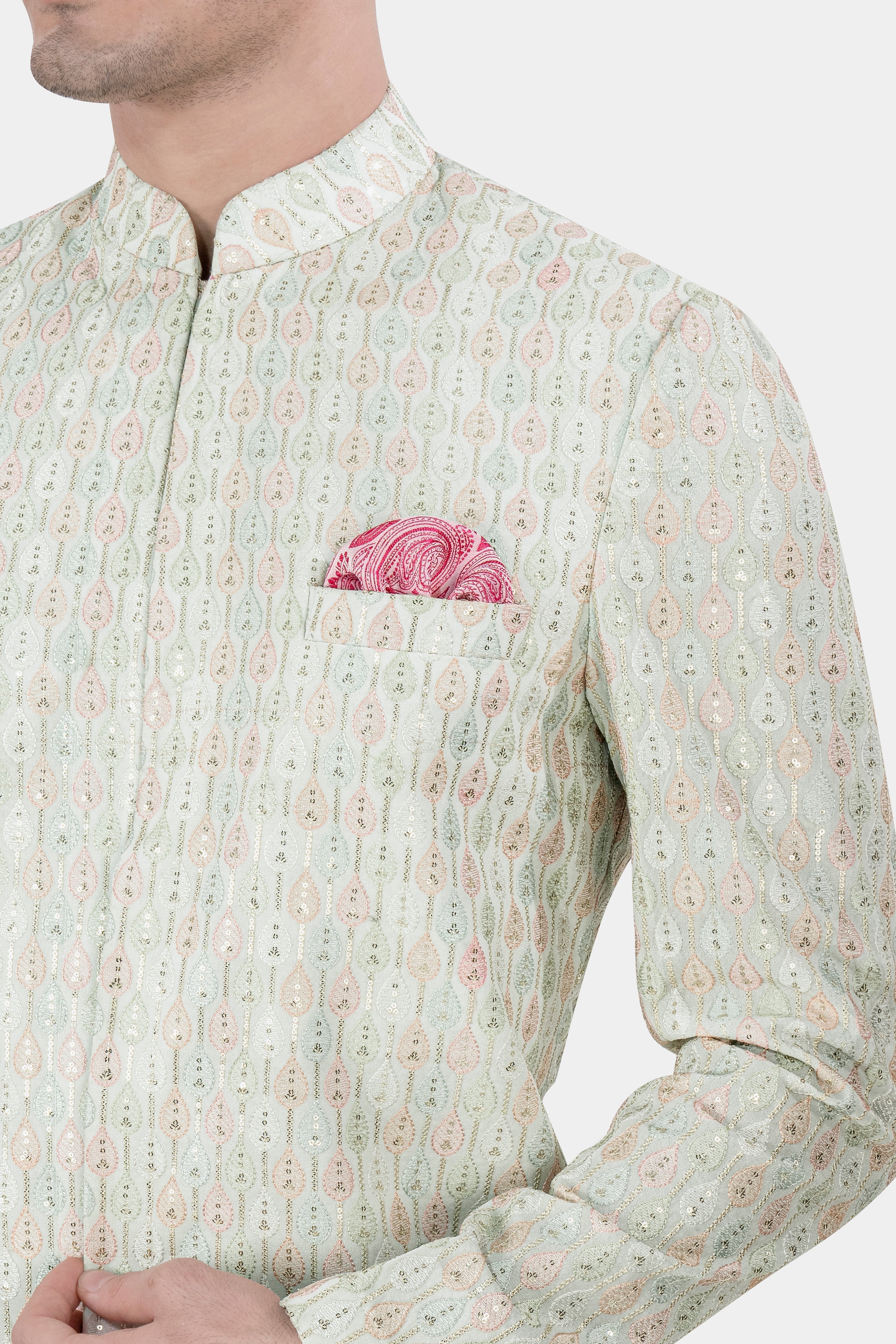 Bizarre Beige and Sage Green Embroidered with Sequins Work Sherwani with Kurta and Pant Set