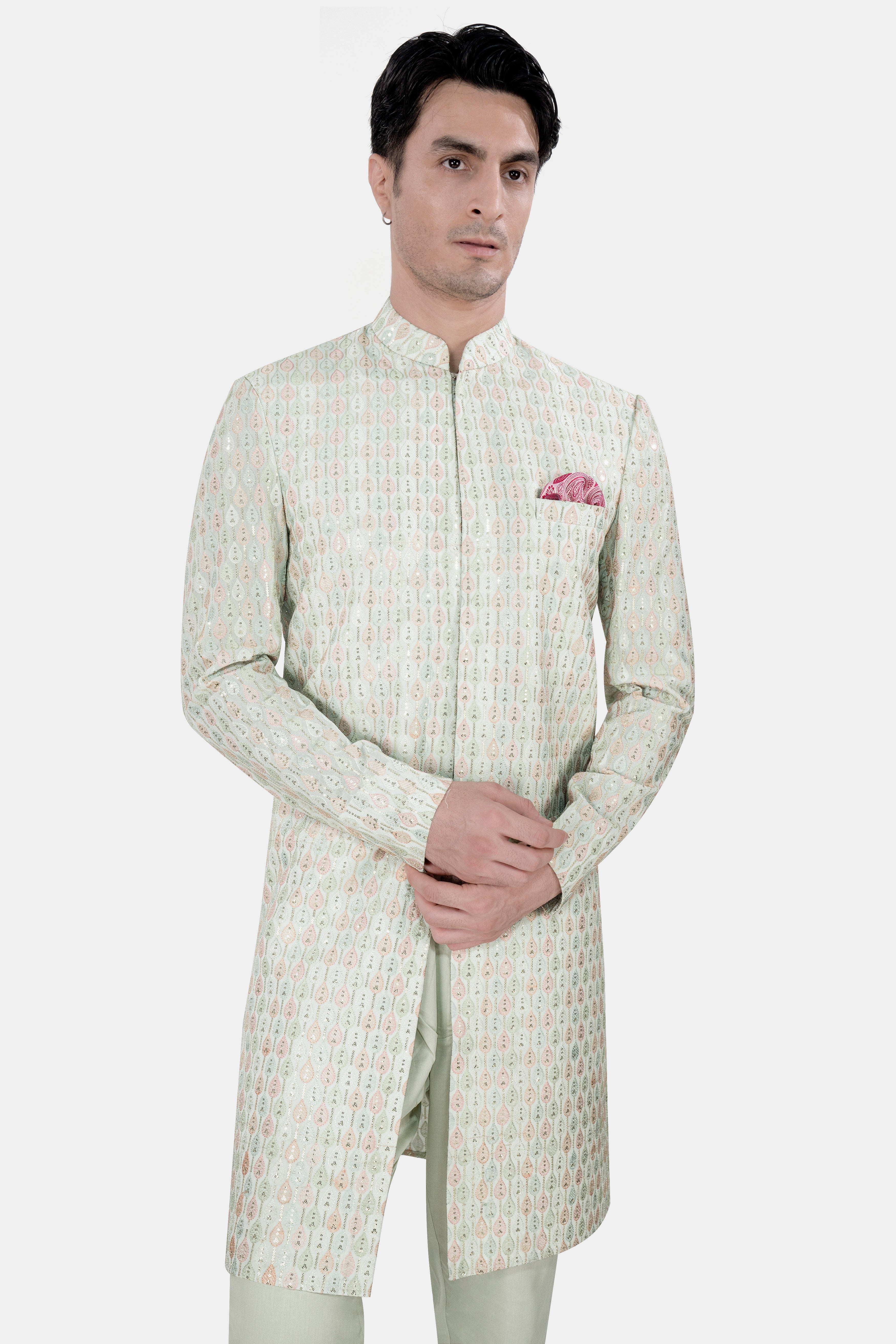 Bizarre Beige and Sage Green Embroidered with Sequins Work Sherwani with Kurta and Pant Set