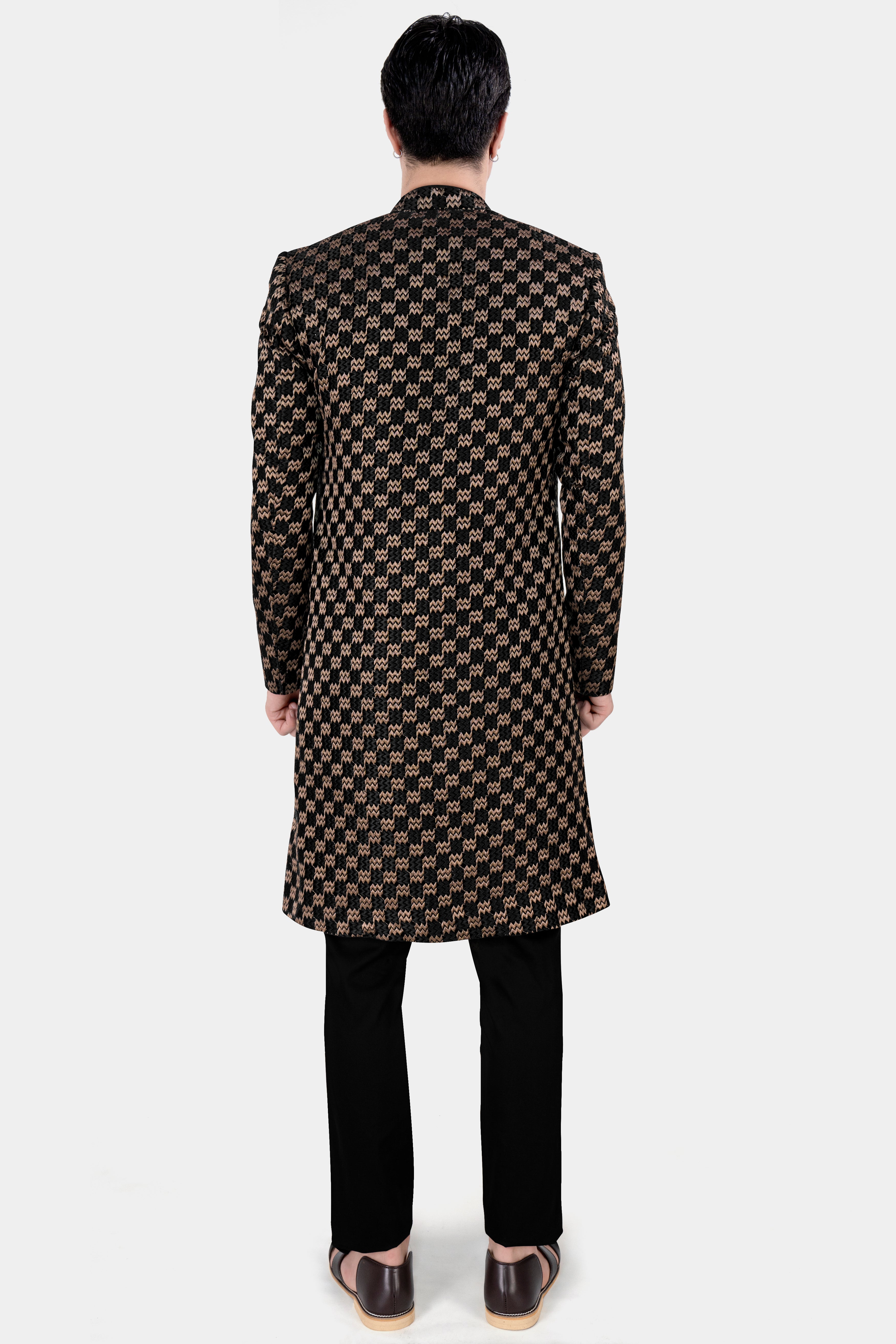 Jade Black and Toast Brown Zig Zag Embroidered Indo Western with Black Kurta and Pant Set