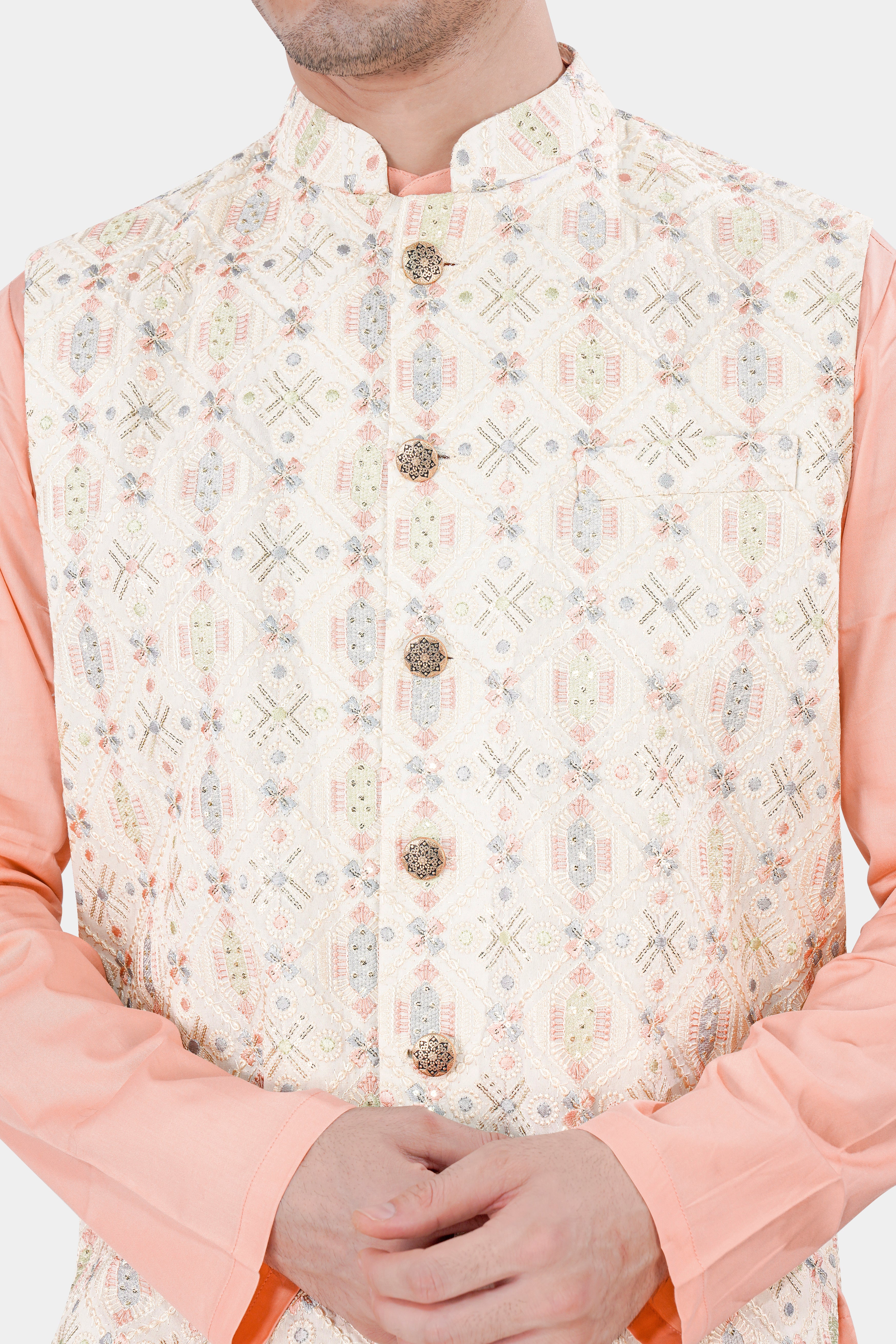 Pearl Cream Embroidered with Sequins Work Sleeveless Jacket with Cashmere Peach Kurta and Pajama Set