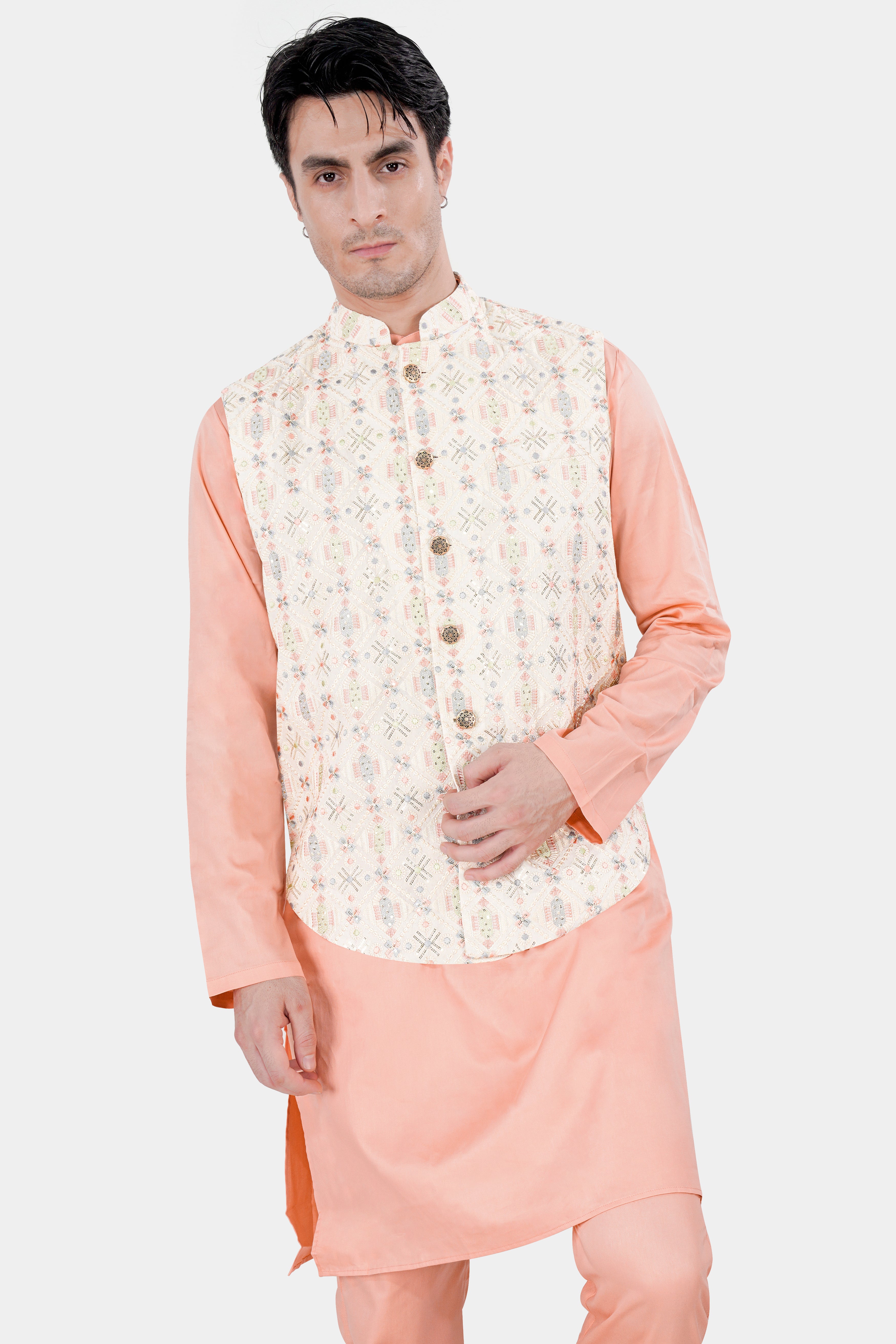 Pearl Cream Embroidered with Sequins Work Sleeveless Jacket with Cashmere Peach Kurta and Pajama Set