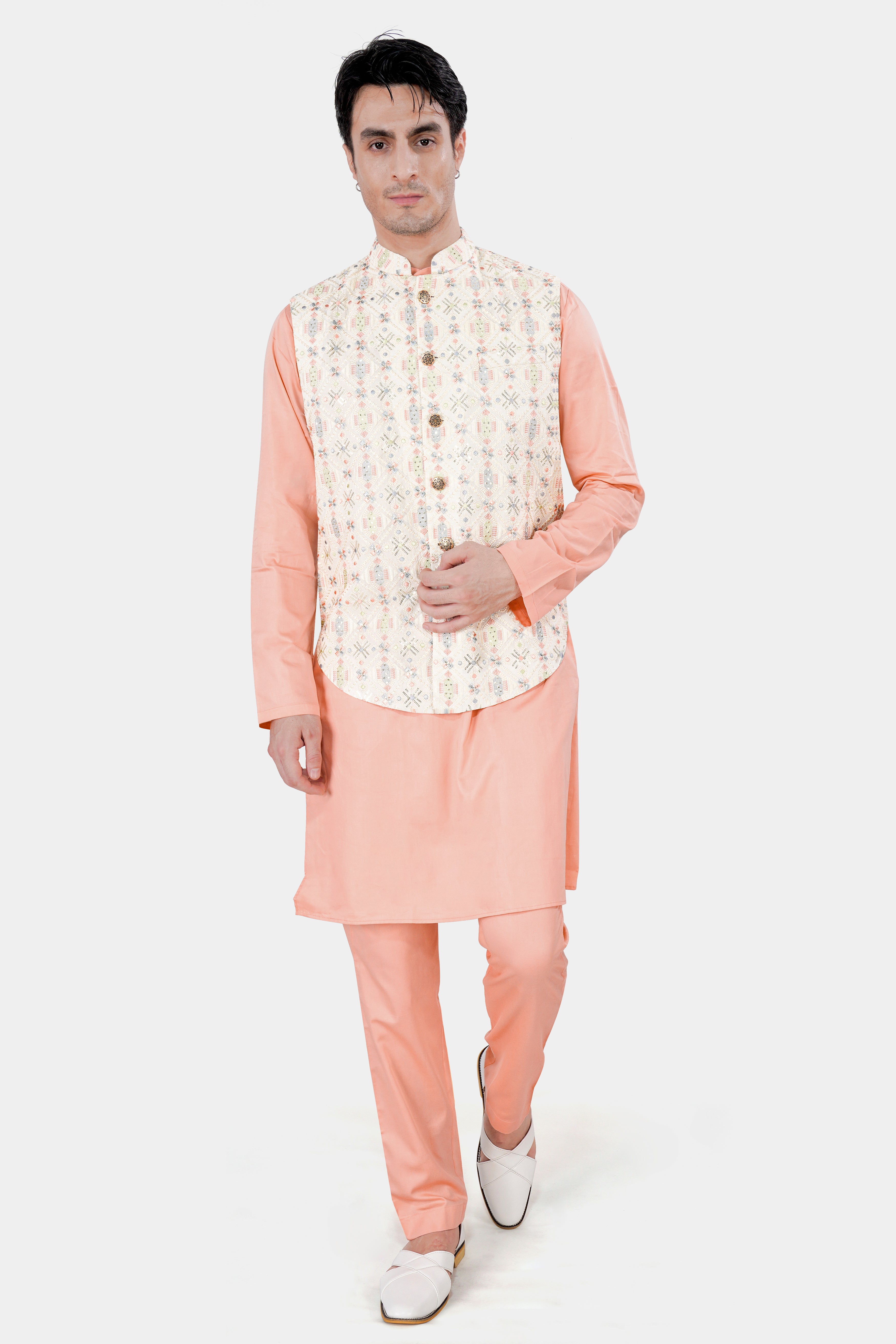 Pearl Cream Embroidered with Sequins Work Sleeveless Jacket with Cashmere Peach Kurta and Pajama Set