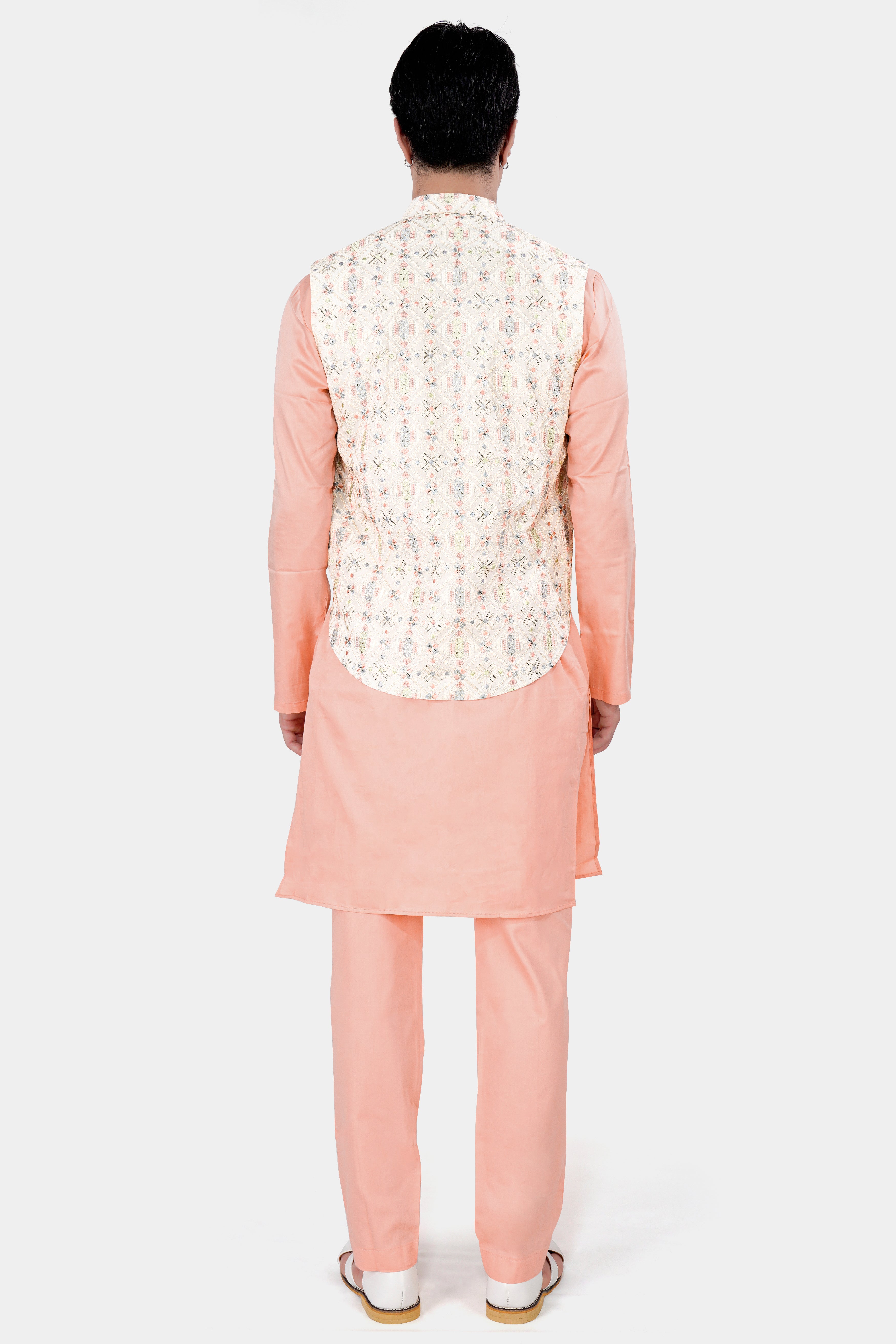 Pearl Cream Embroidered with Sequins Work Sleeveless Jacket with Cashmere Peach Kurta and Pajama Set