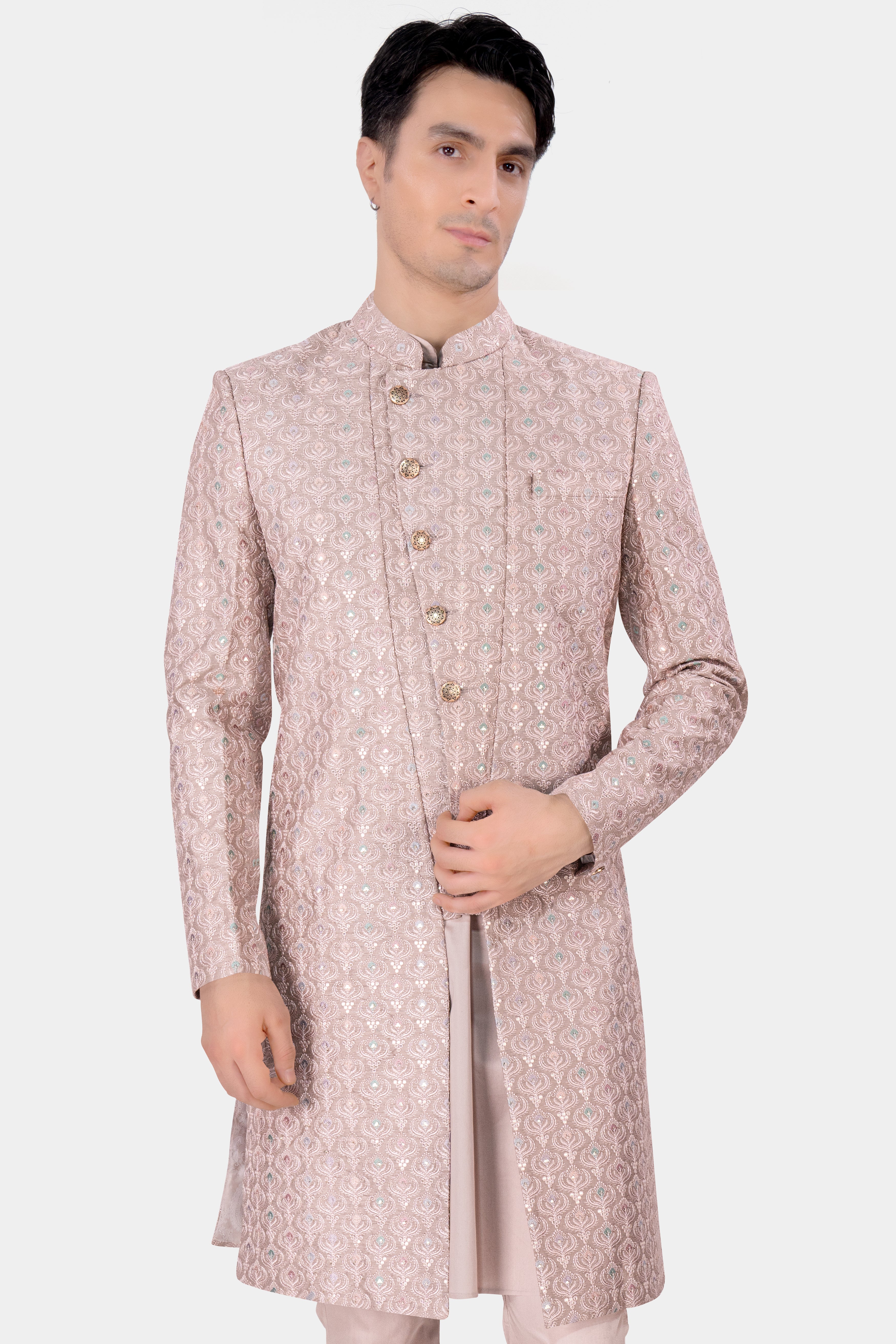 Rodeo Dust Peach Tone on Tone Sequins and Embroidered Work Sherwani with Kurta and Pant Set