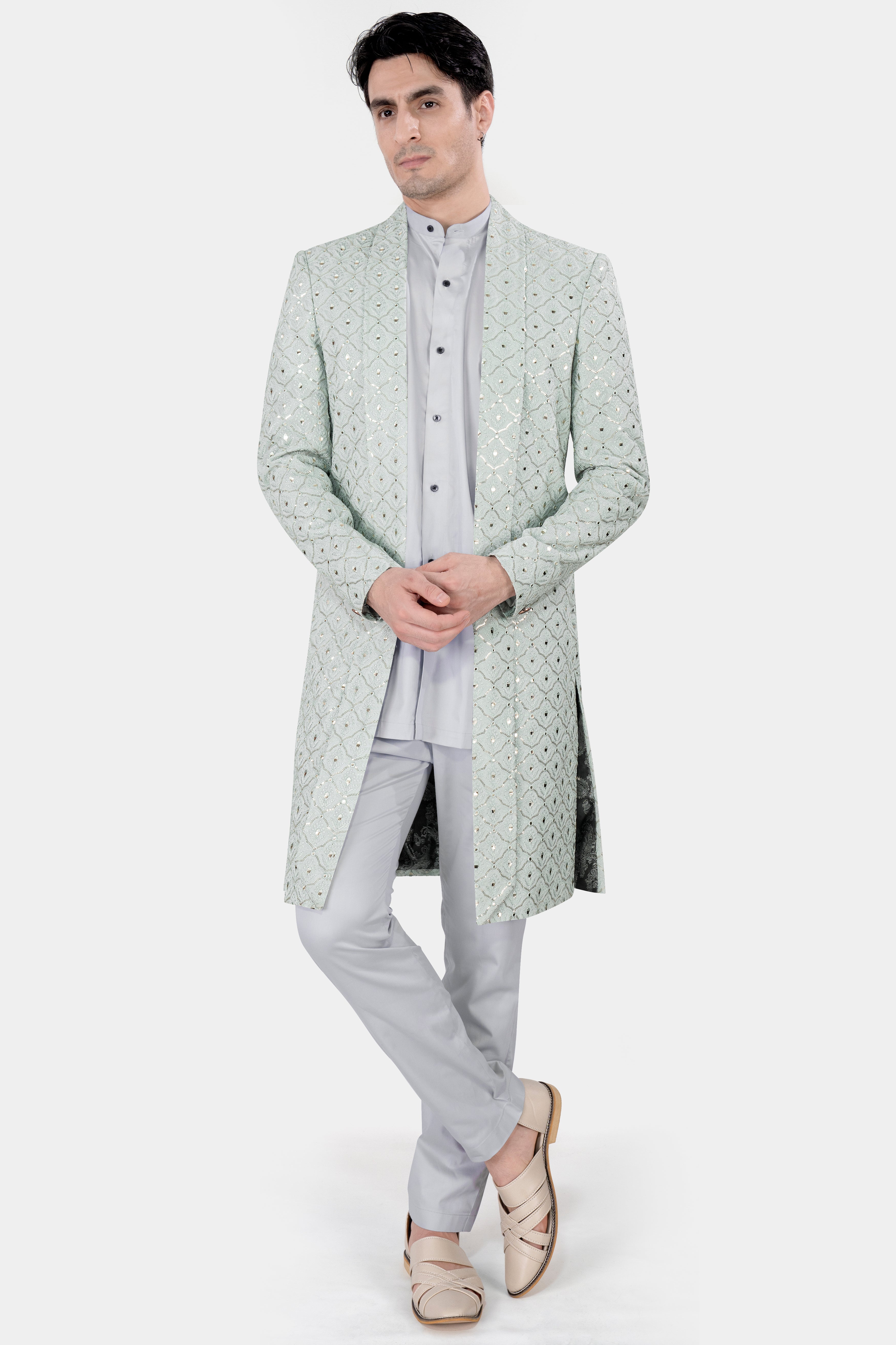 Snow Drift Green Mirror and Sequins Work With Gainsboro Gray Kurta and Pant Set