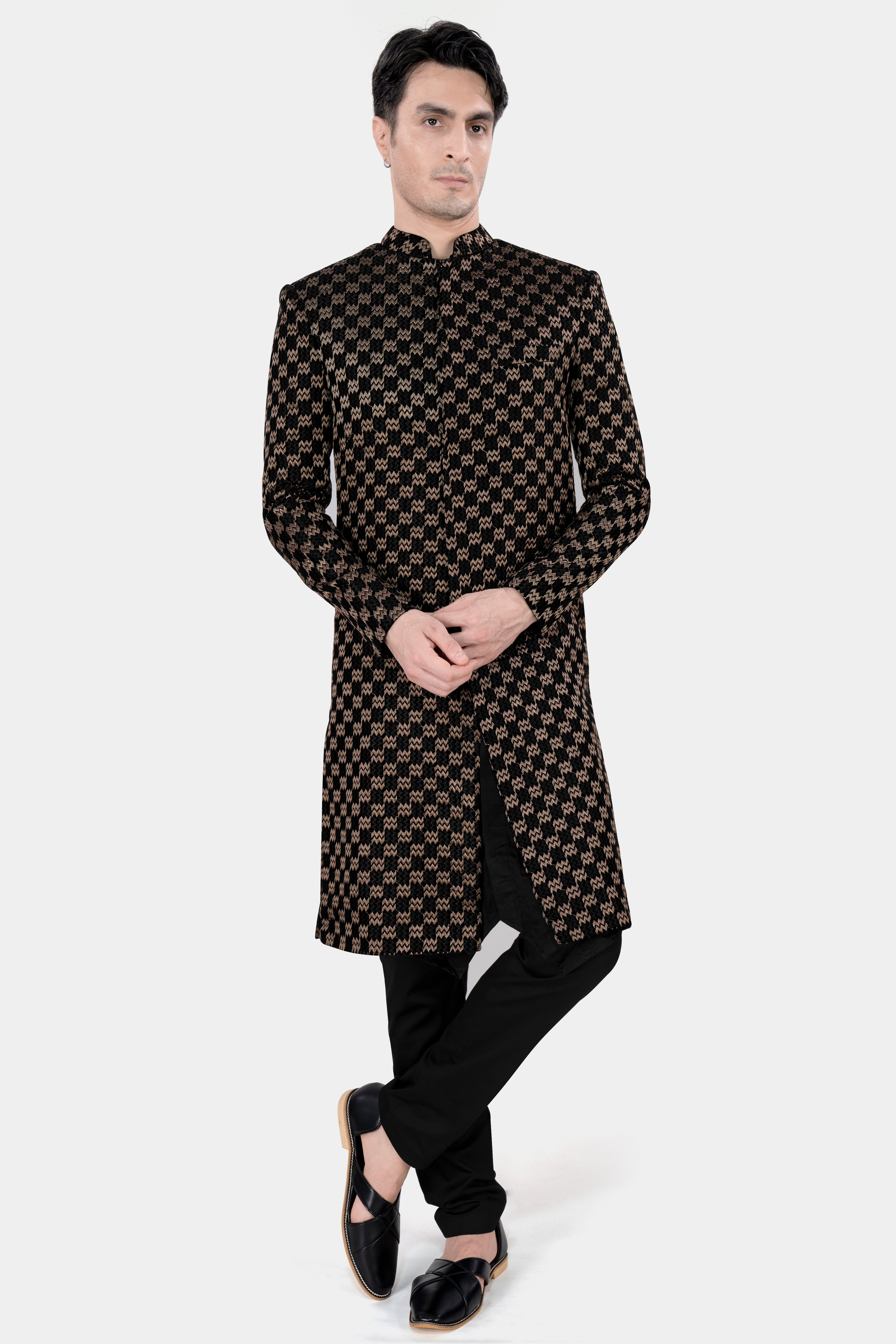 Jade Black and Toast Brown Zig Zag Embroidered Indo Western With Black Kurta and Pajama Set