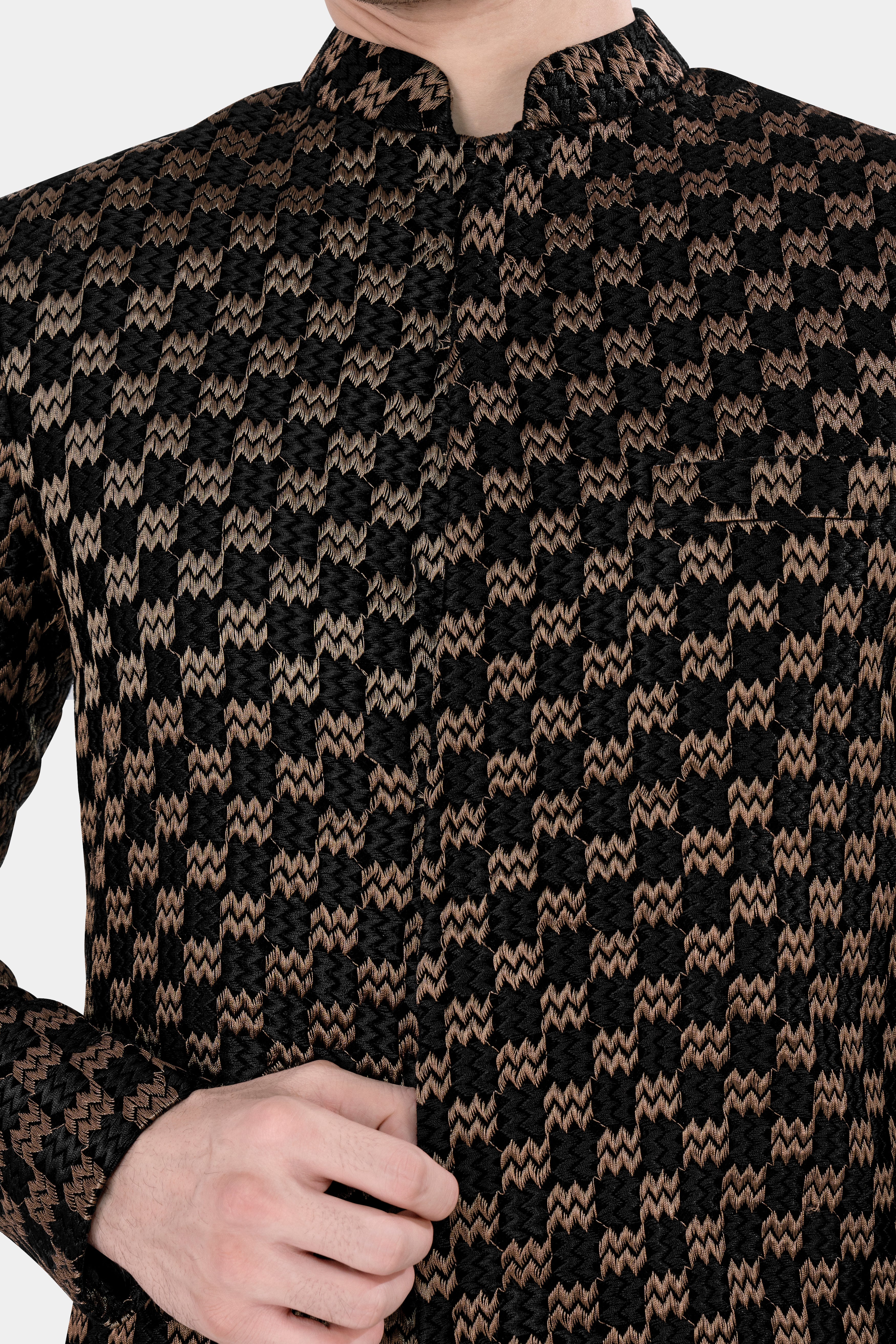 Jade Black and Toast Brown Zig Zag Embroidered Indo Western With Black Kurta and Pajama Set