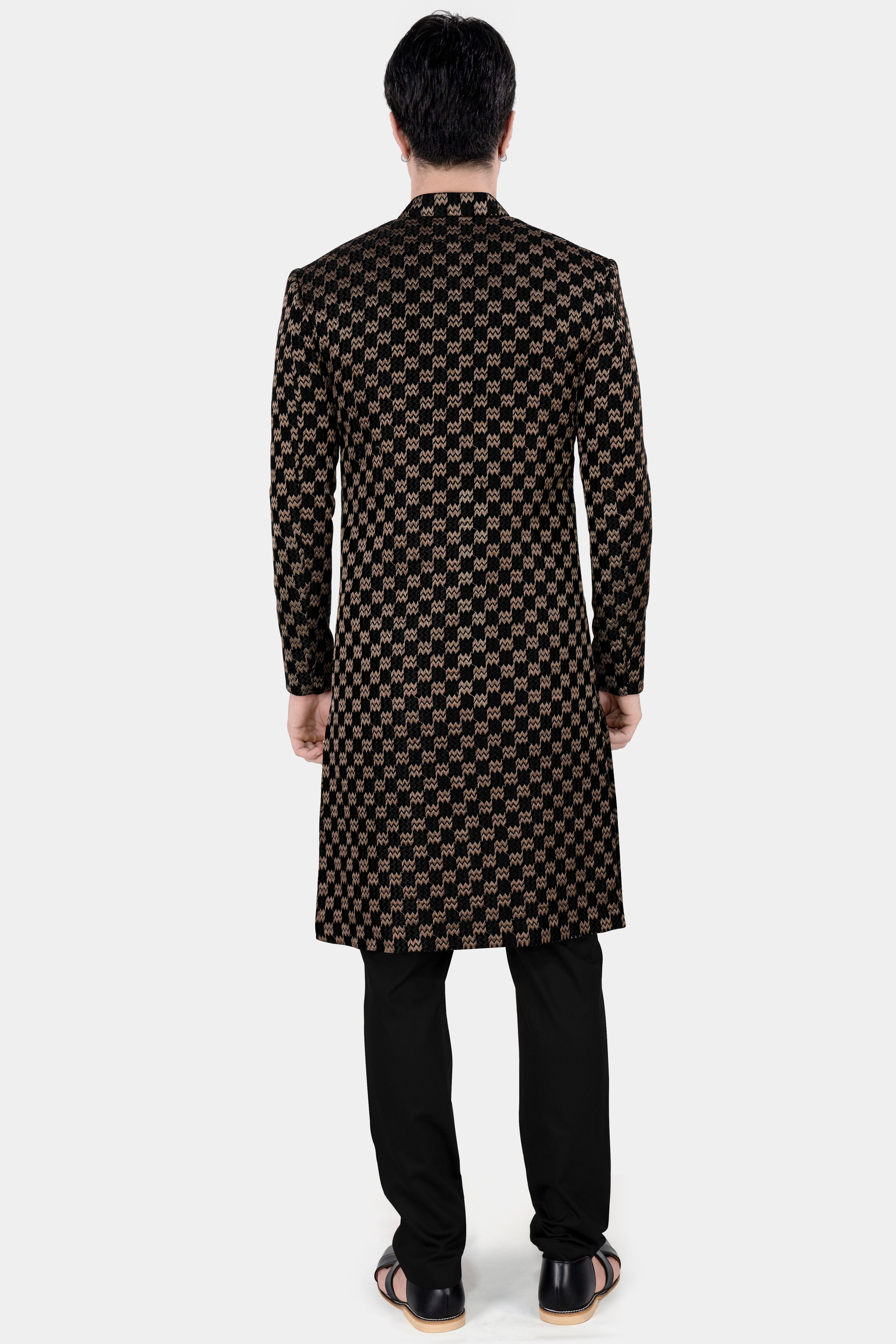Jade Black and Toast Brown Zig Zag Embroidered Indo Western With Black Kurta and Pajama Set