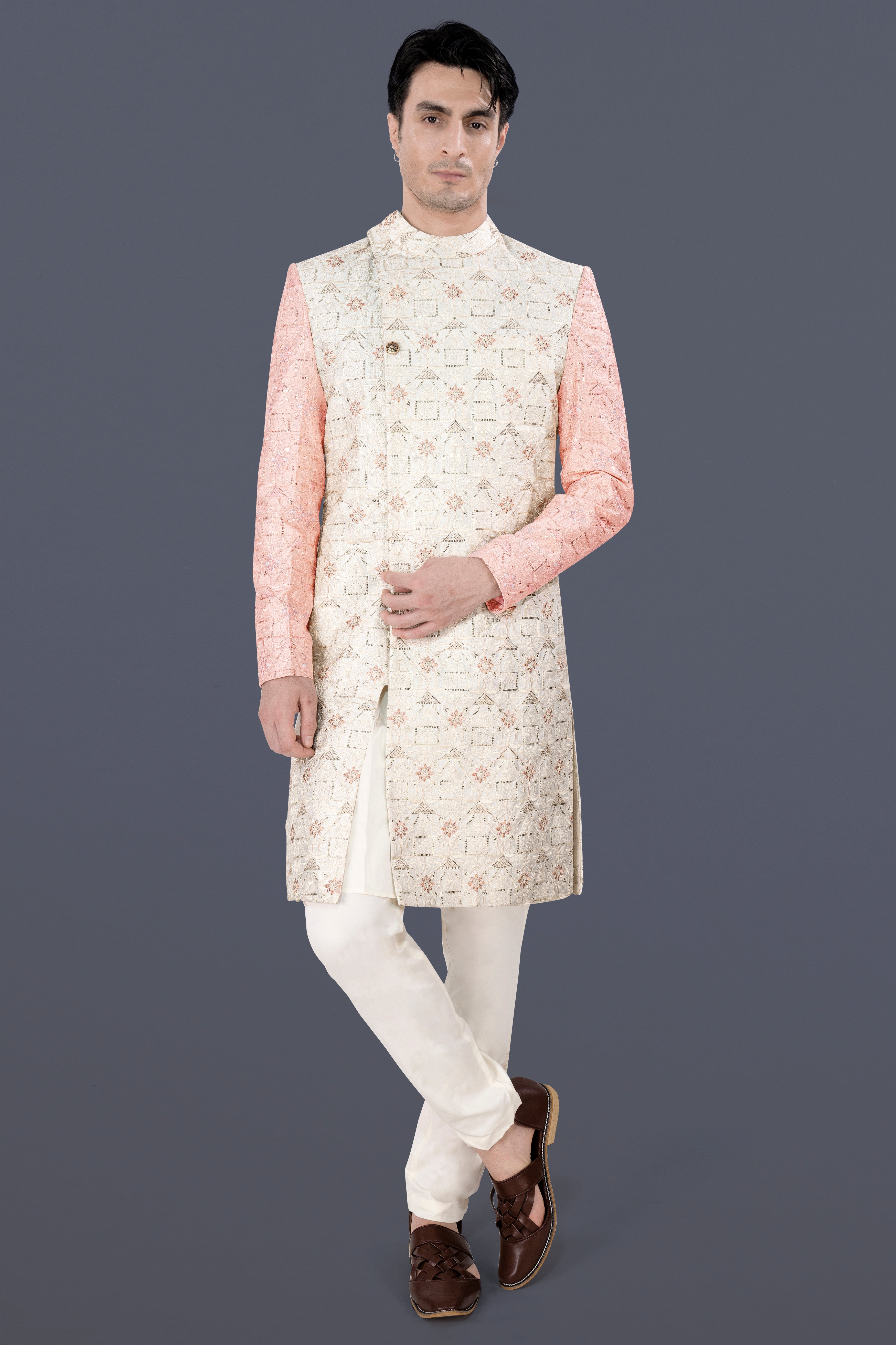 Alabaster Cream and Blush Pink Embroidered With Sequins Work Sherwani With Cream Kurta and Pajama Set