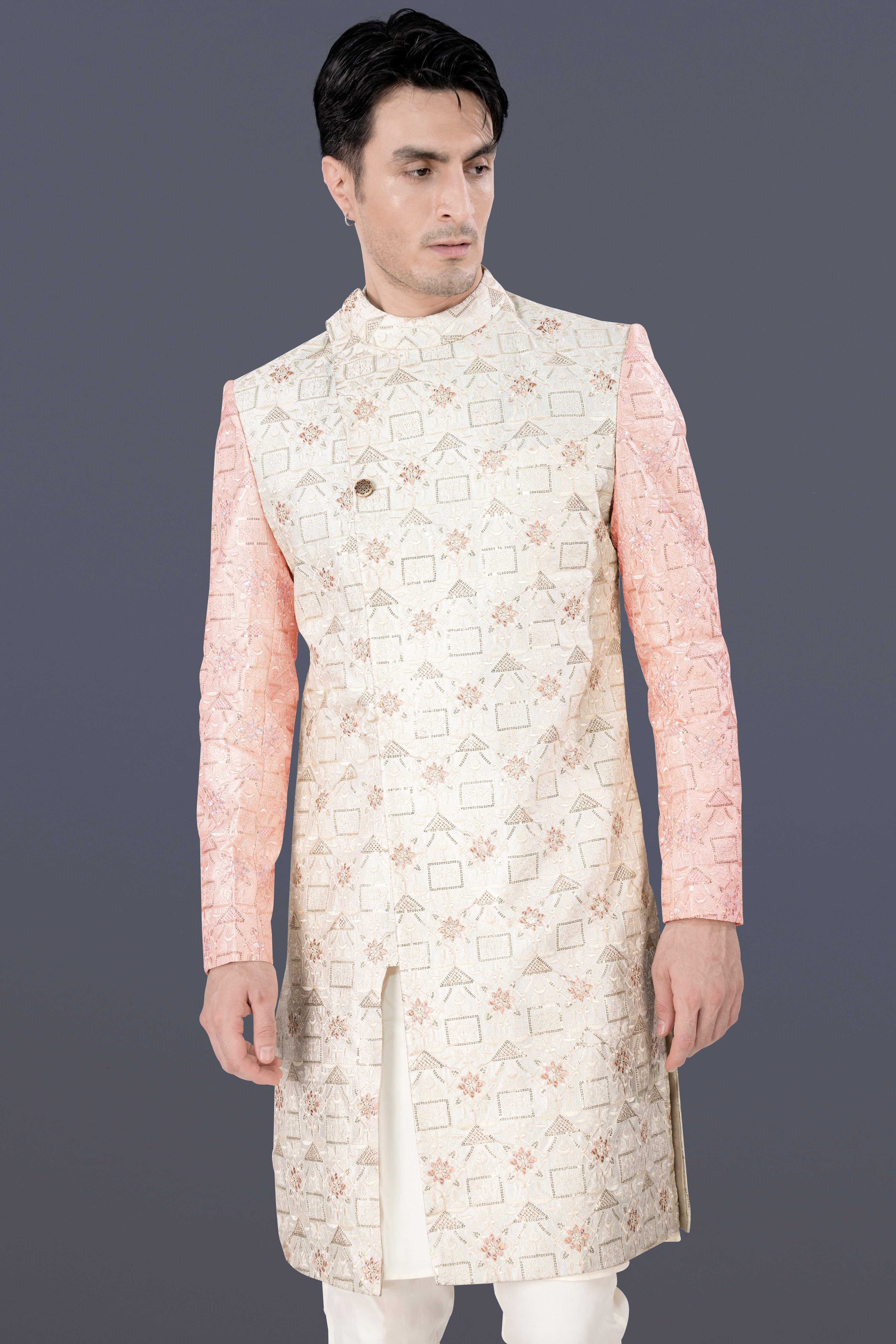 Alabaster Cream and Blush Pink Embroidered With Sequins Work Sherwani With Cream Kurta and Pajama Set