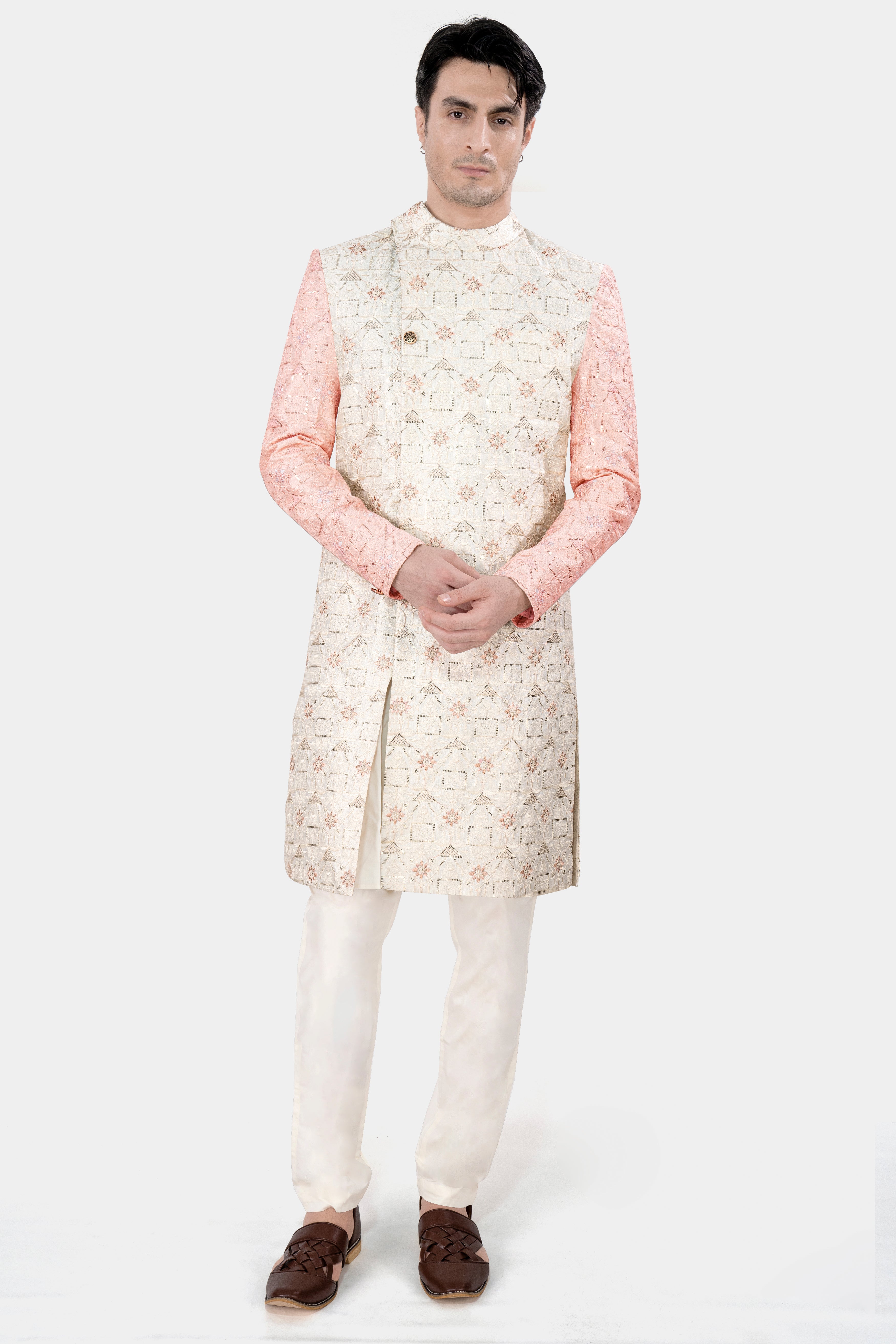 Alabaster Cream and Blush Pink Embroidered With Sequins Work Sherwani With Cream Kurta and Pajama Set