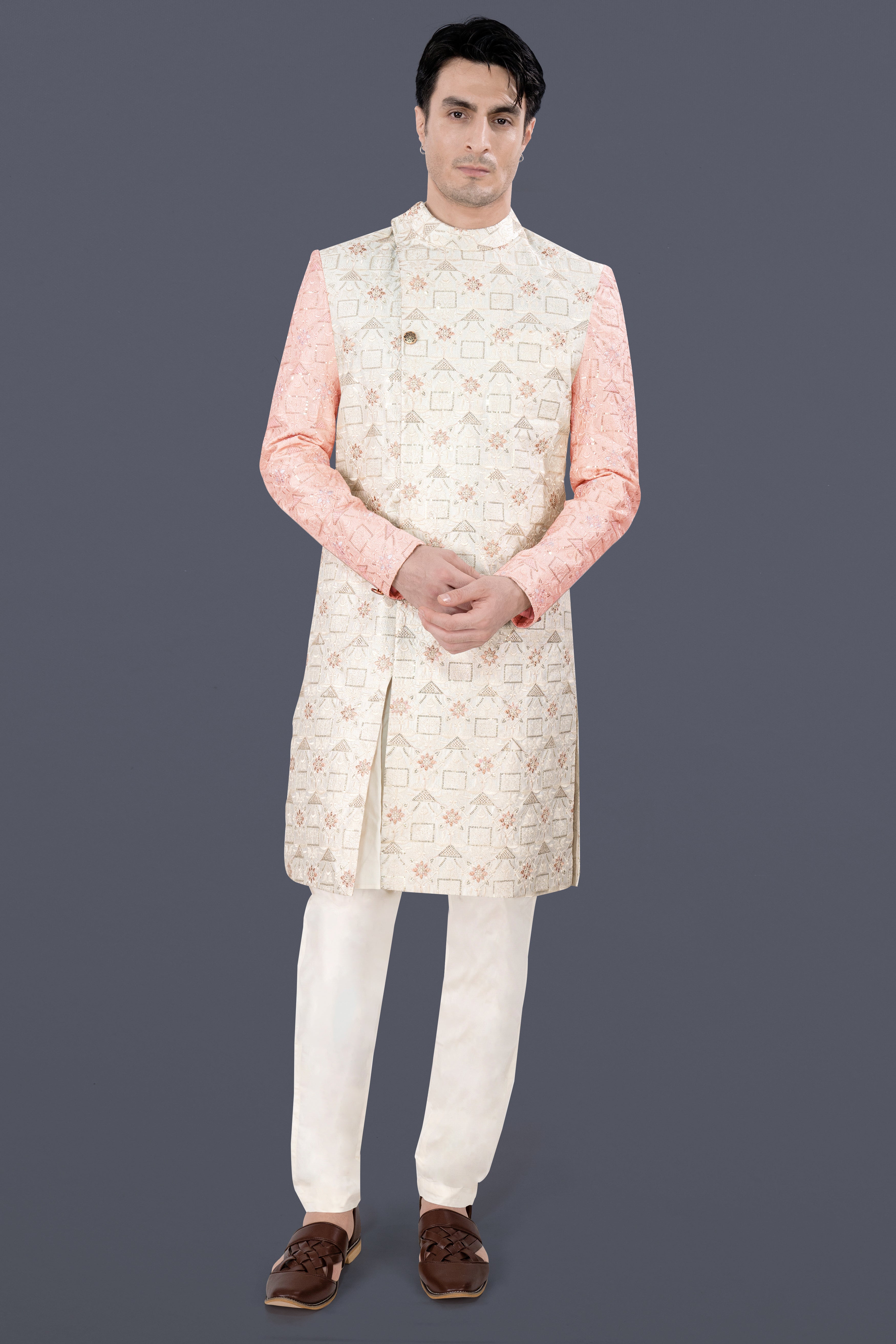 Alabaster Cream and Blush Pink Embroidered With Sequins Work Sherwani With Cream Kurta and Pajama Set