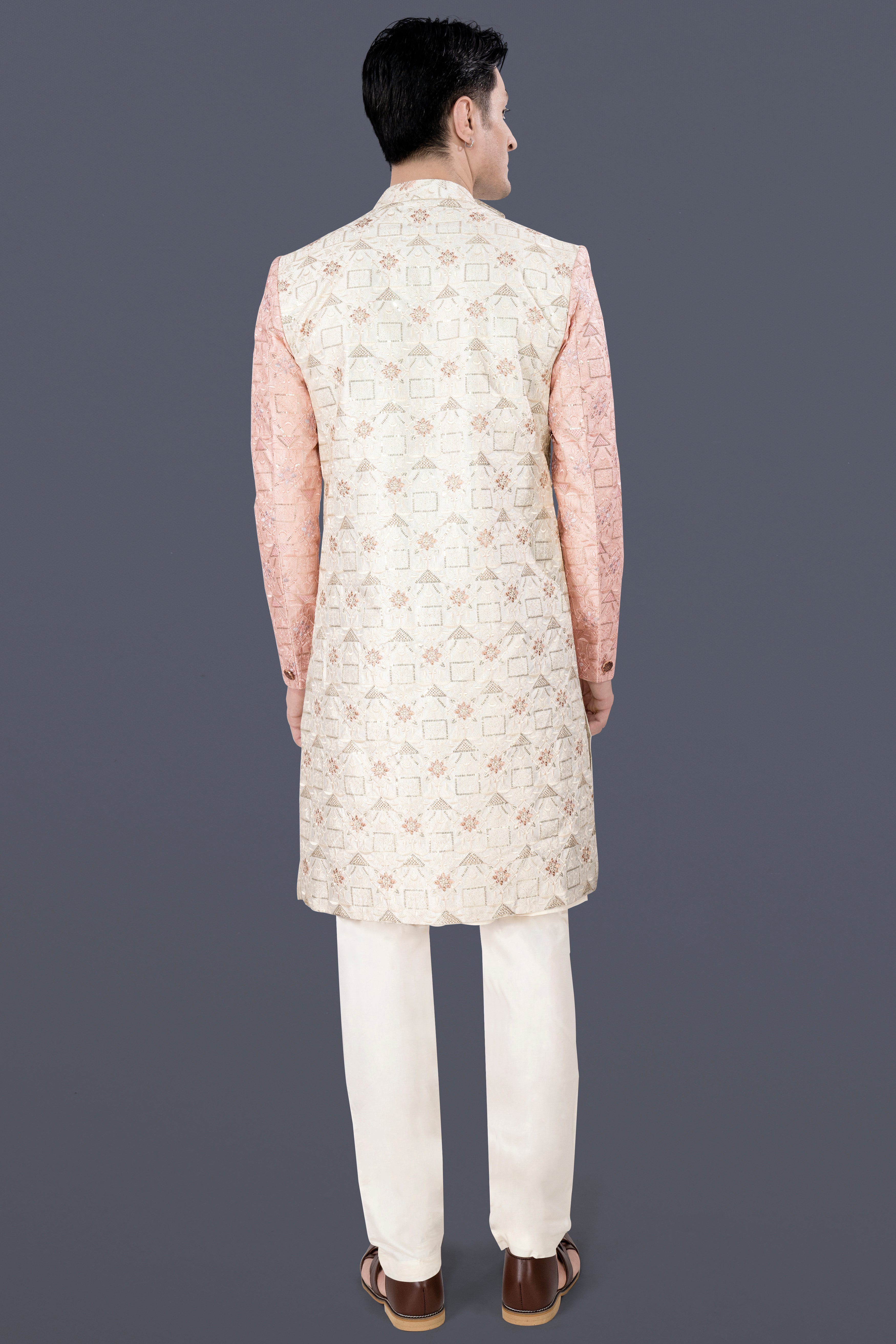 Alabaster Cream and Blush Pink Embroidered With Sequins Work Sherwani With Cream Kurta and Pajama Set