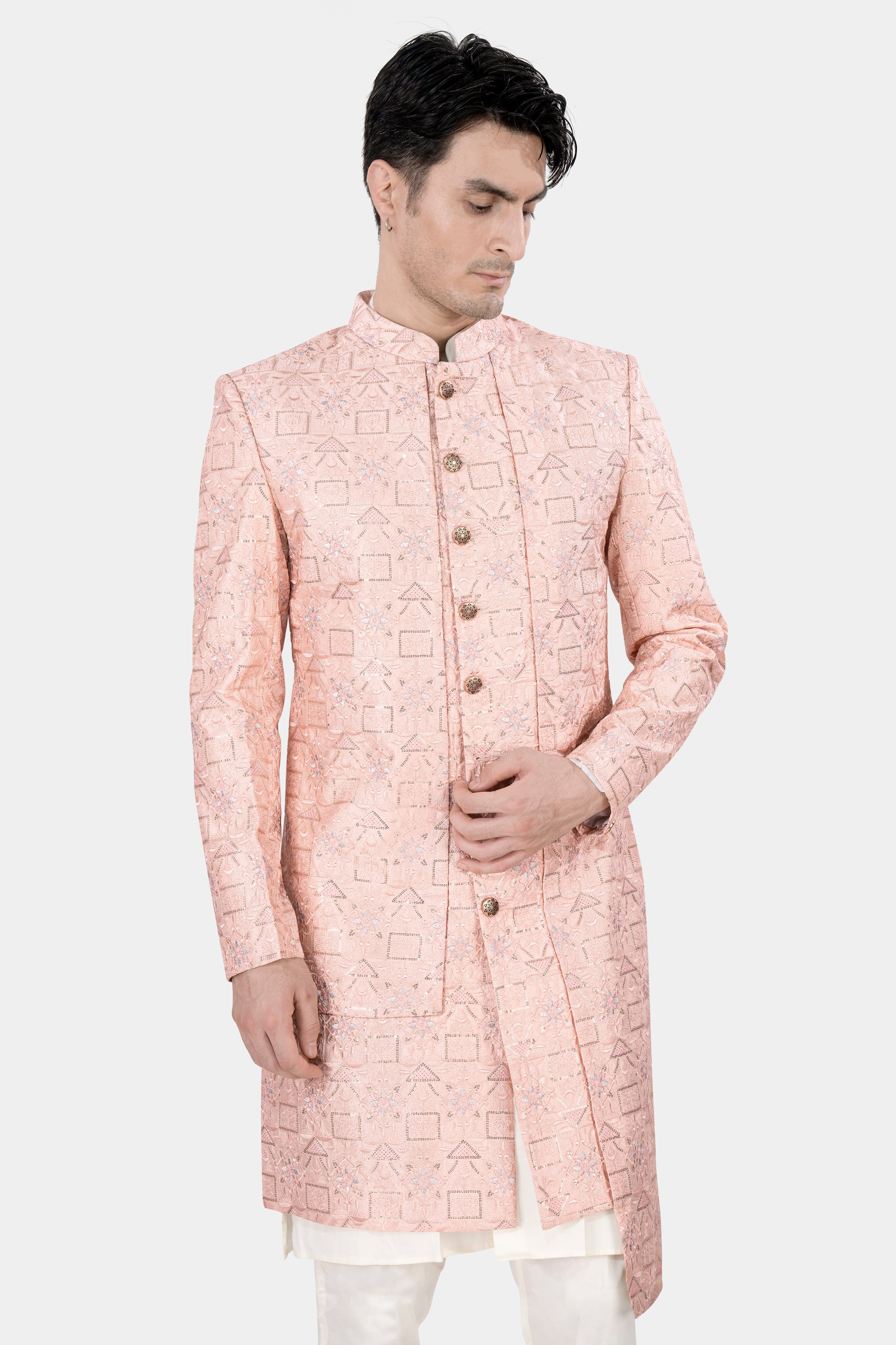Mandys Pink Tone on Tone Embroidered With Sequins Work Indo Western With Kurta and Pajama Set