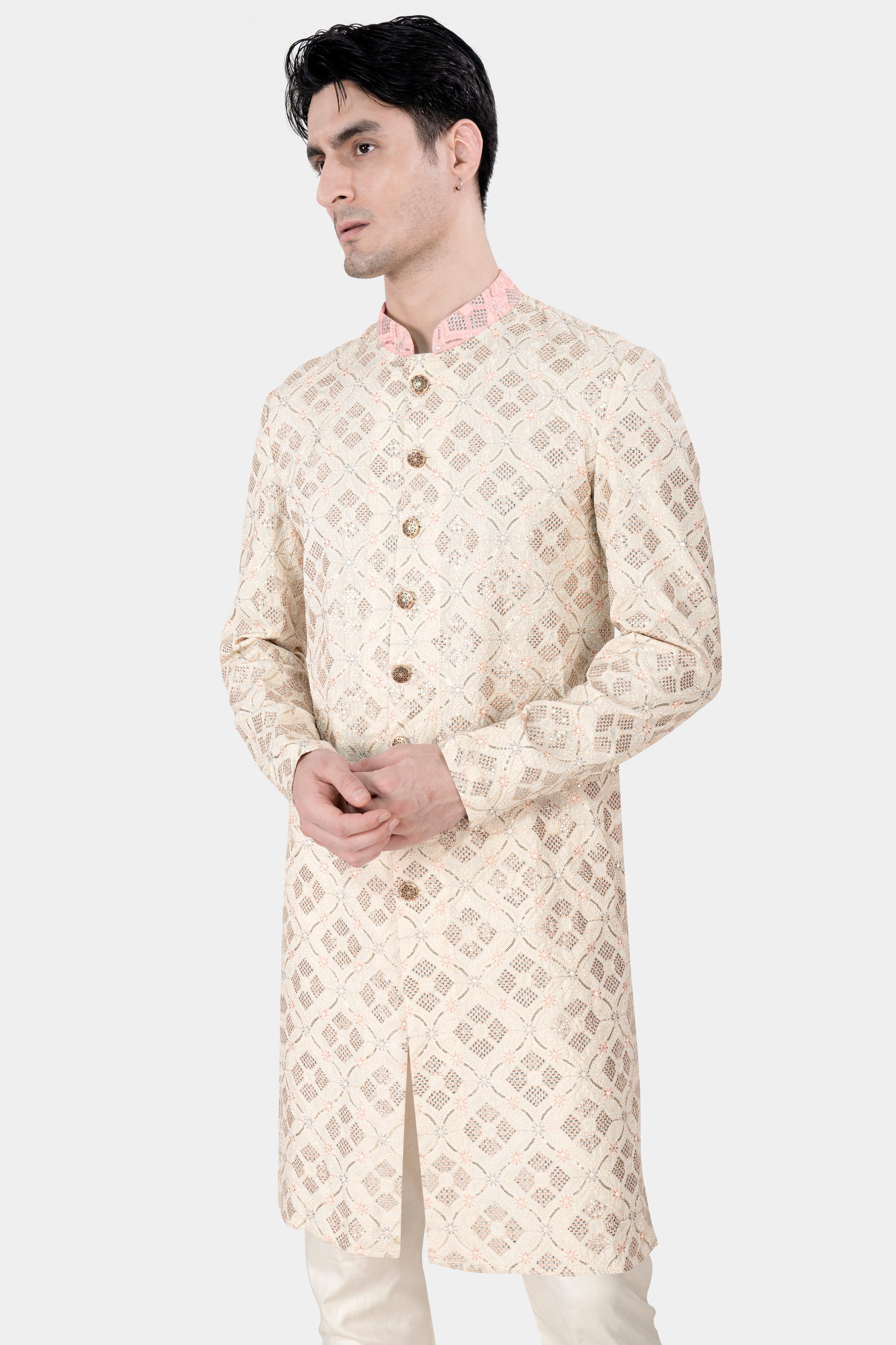 Almond Beige and Cosmos Pink Embroidered With Sequins Work Sherwani With Kurta and Pajama Set